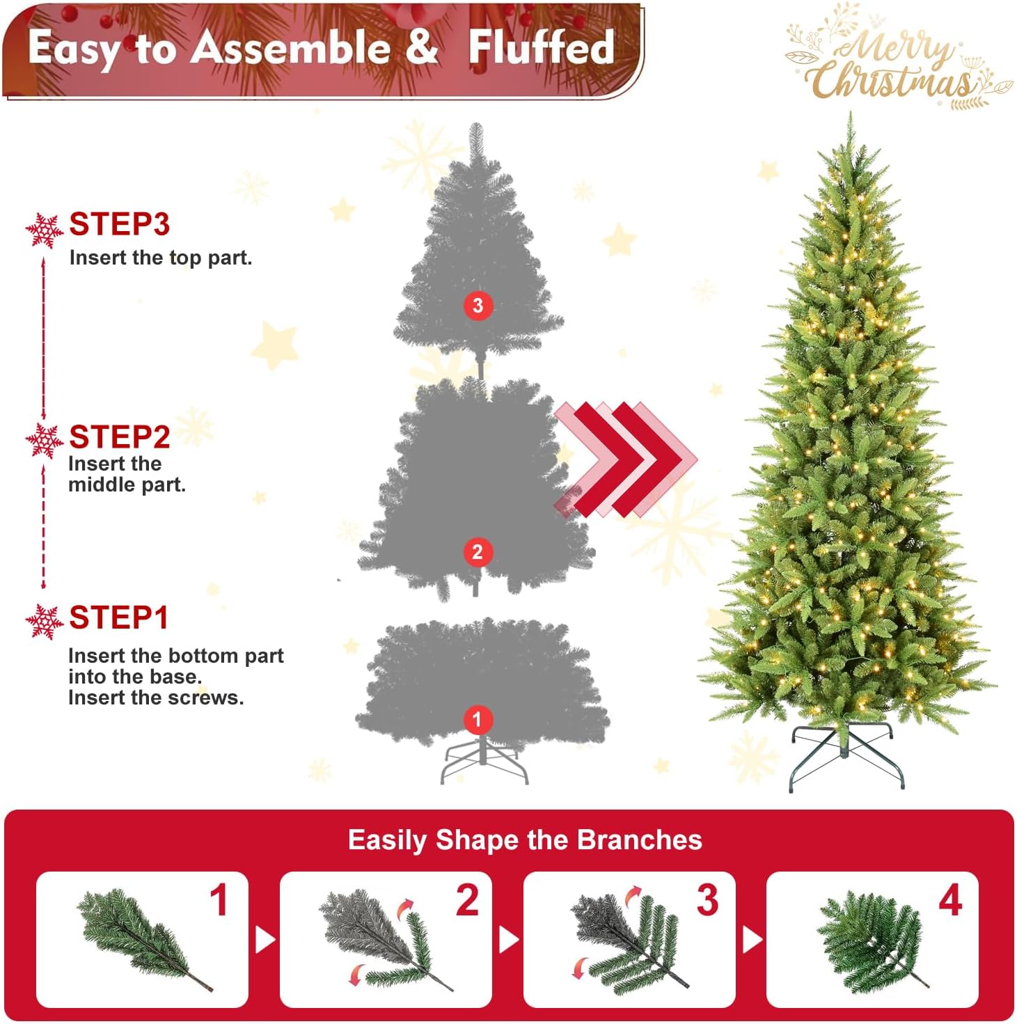 6ft Slim Christmas Tree - Green PE/PVC, 850 Tips, 300 Warm White LED Lights, Space-Saving Pencil Design, Hinged Branches, Metal Stand - Perfect for Small Spaces and Holiday Decor.