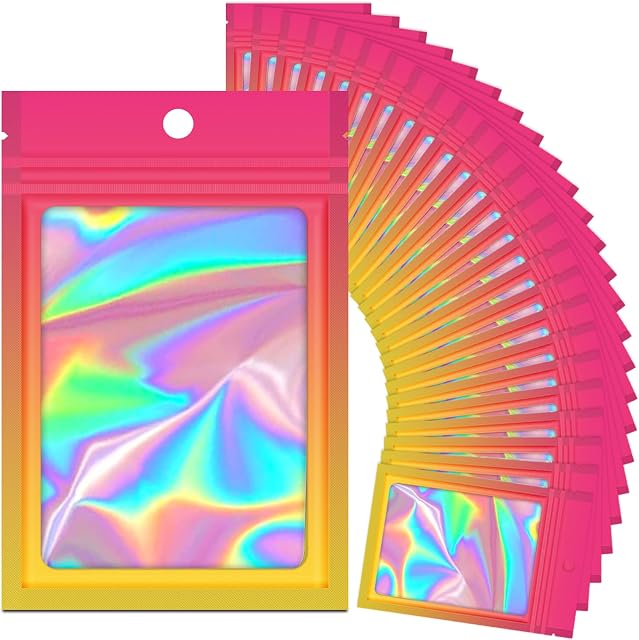 100 Pieces Resealable Mylar Ziplock Bags, Holographic Gradient Bags with Clear Window, Packaging Pouch Party Bags Sample Bags (Hot Pink&Orange, 9x12 CM)