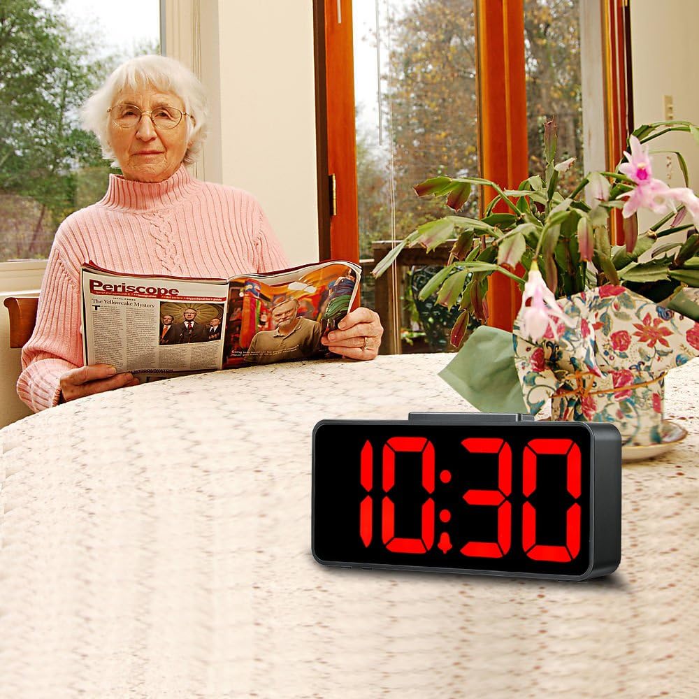 DreamSky Auto Time Set Alarm Clock with USB Port for Charging, Snooze, Dimmer, Extra Large Impaired Vision Digital Red LED Bedside Desk Clock, Auto DST.