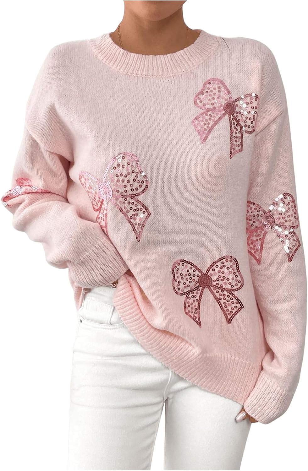 Verdusa Women's Sequin Bow Sweater Coquette Drop Shoulder Pullover Knit Tops