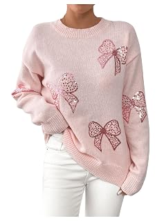 Verdusa Womens Sequin Bow Sweater Coquette Drop Shoulder Pullover Knit Tops