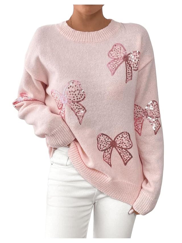 Verdusa Womens Sequin Bow Sweater Coquette Drop Shoulder Pullover Knit Tops