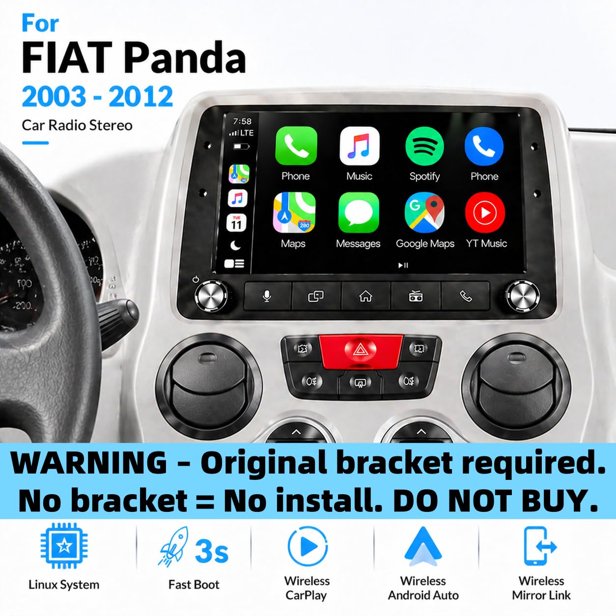 FIAT Panda 2003-2012 Autoradio 1 DIN CarPlay wireless Android Auto DSP RDS | Sistema Linux,avvio rapido 2s,Plug&Play,Bluetooth,CANBUS,comandi volante originali,schermo supporto telecamera posteriore