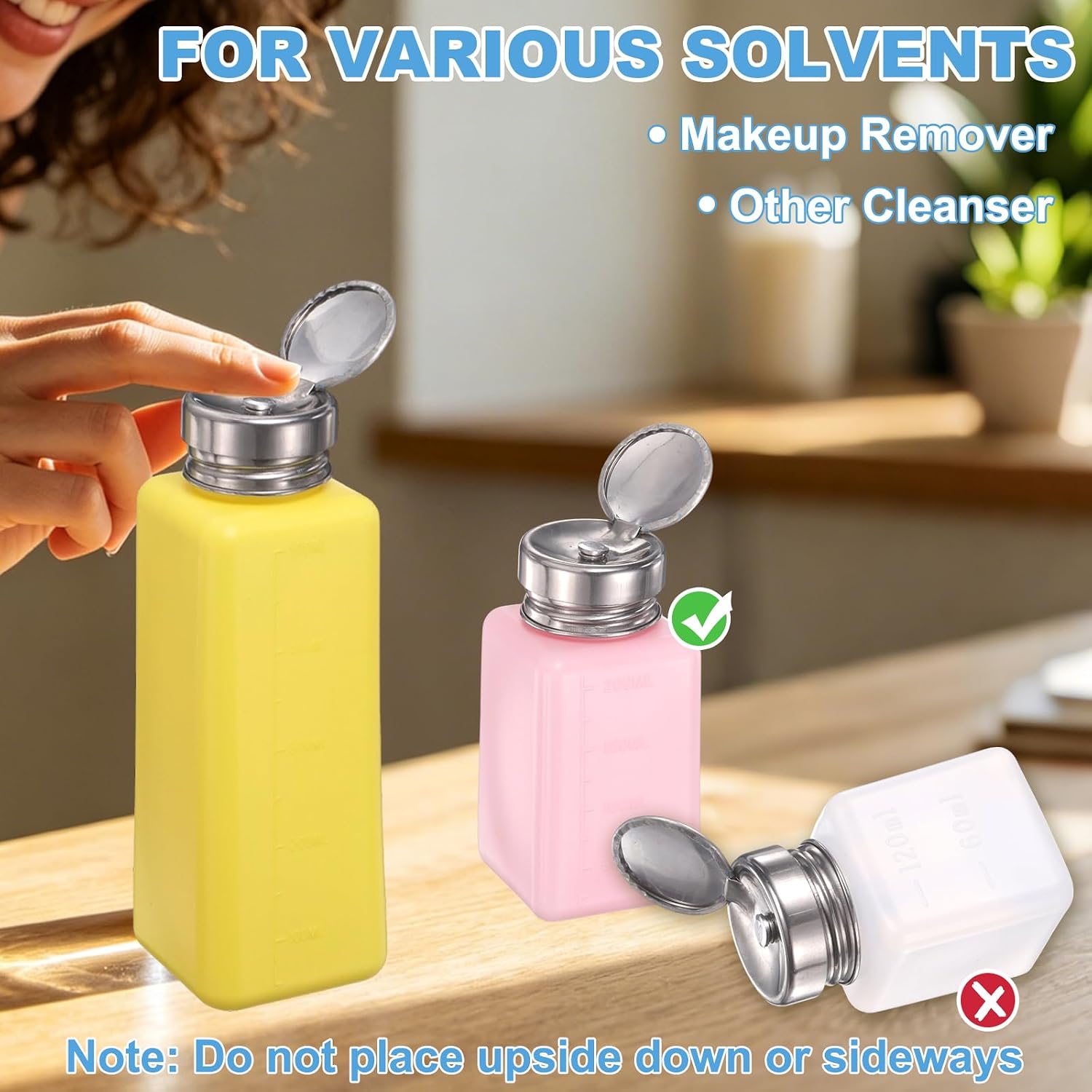Liquid Dispensers Push Down, Pump Dispenser Bottle Empty Push Top Bottles Refillable Containers with Cap 120ml(4oz) & 2 Pcs & Yellow - for (Solvent/Nail Polish/Makeup Remover)
