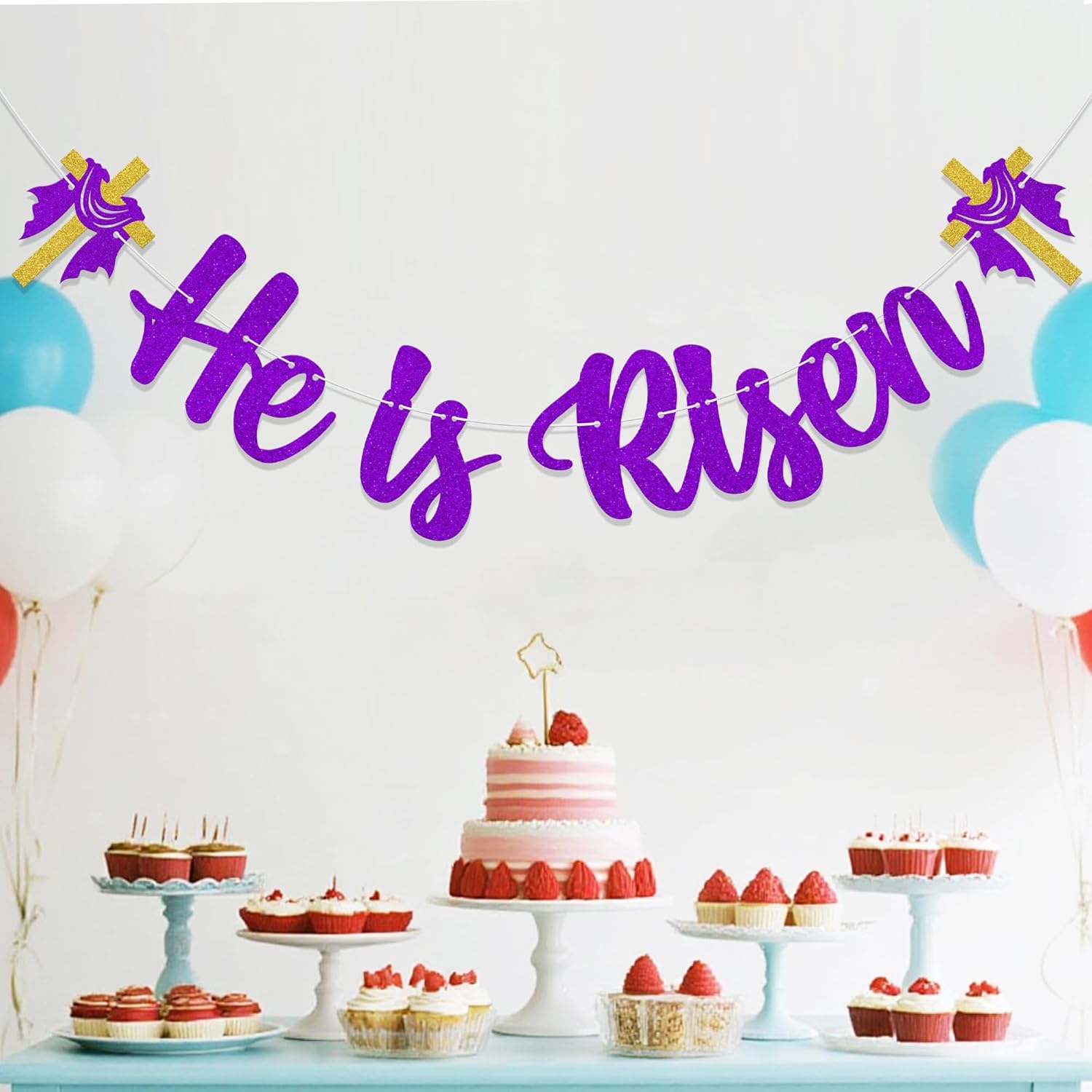 He is Risen Banner Christian Easter Decorations Religious Easter Party Decorations Purple