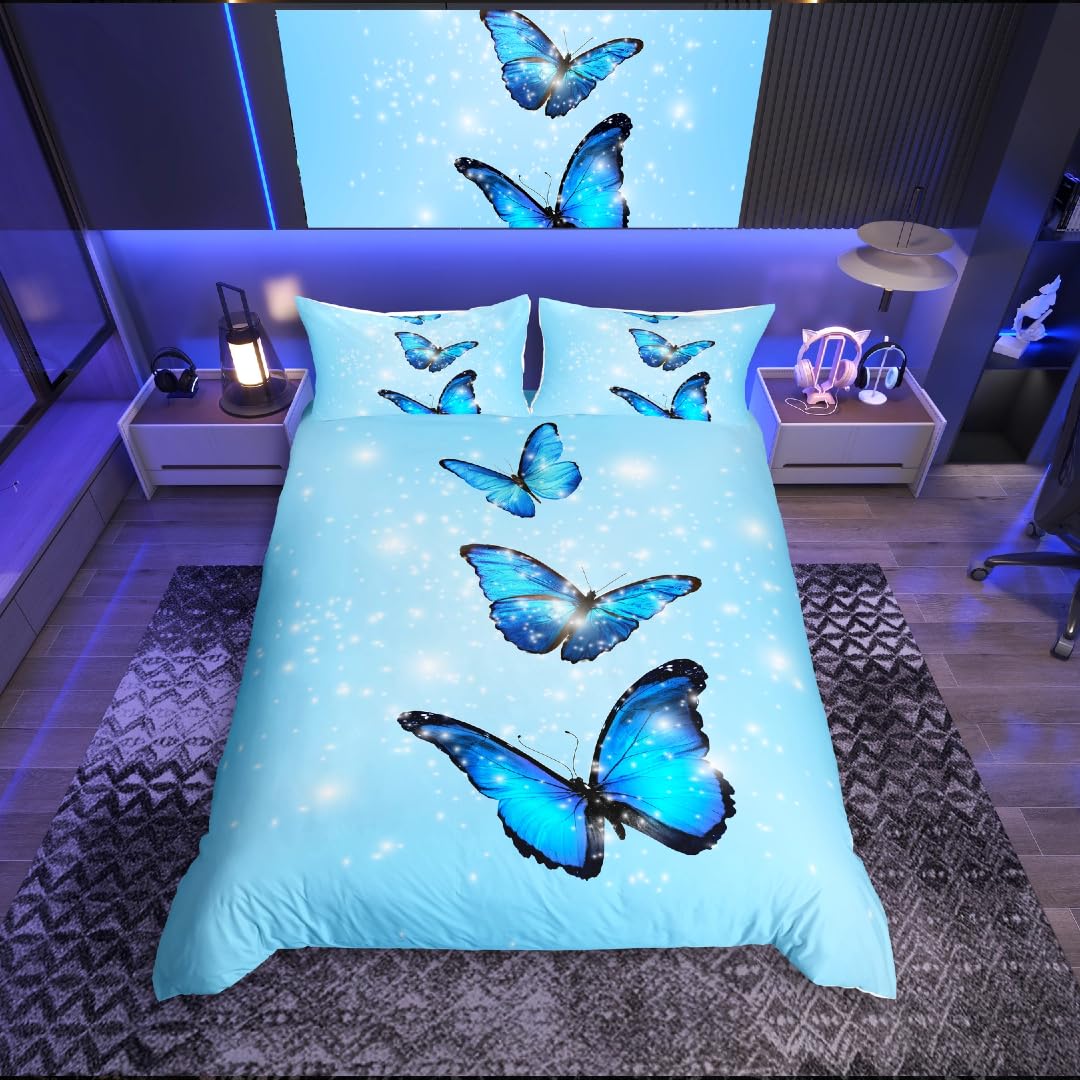 Homemissing Butterfly Bedding Set Blue Butterflies Comforter Cover for Kids Boys Girls Women Flying Butterfly Duvet Cover 3D Animal Bedding & Linen Room Decor 3Pcs With 2 Pillow Case King — image 1