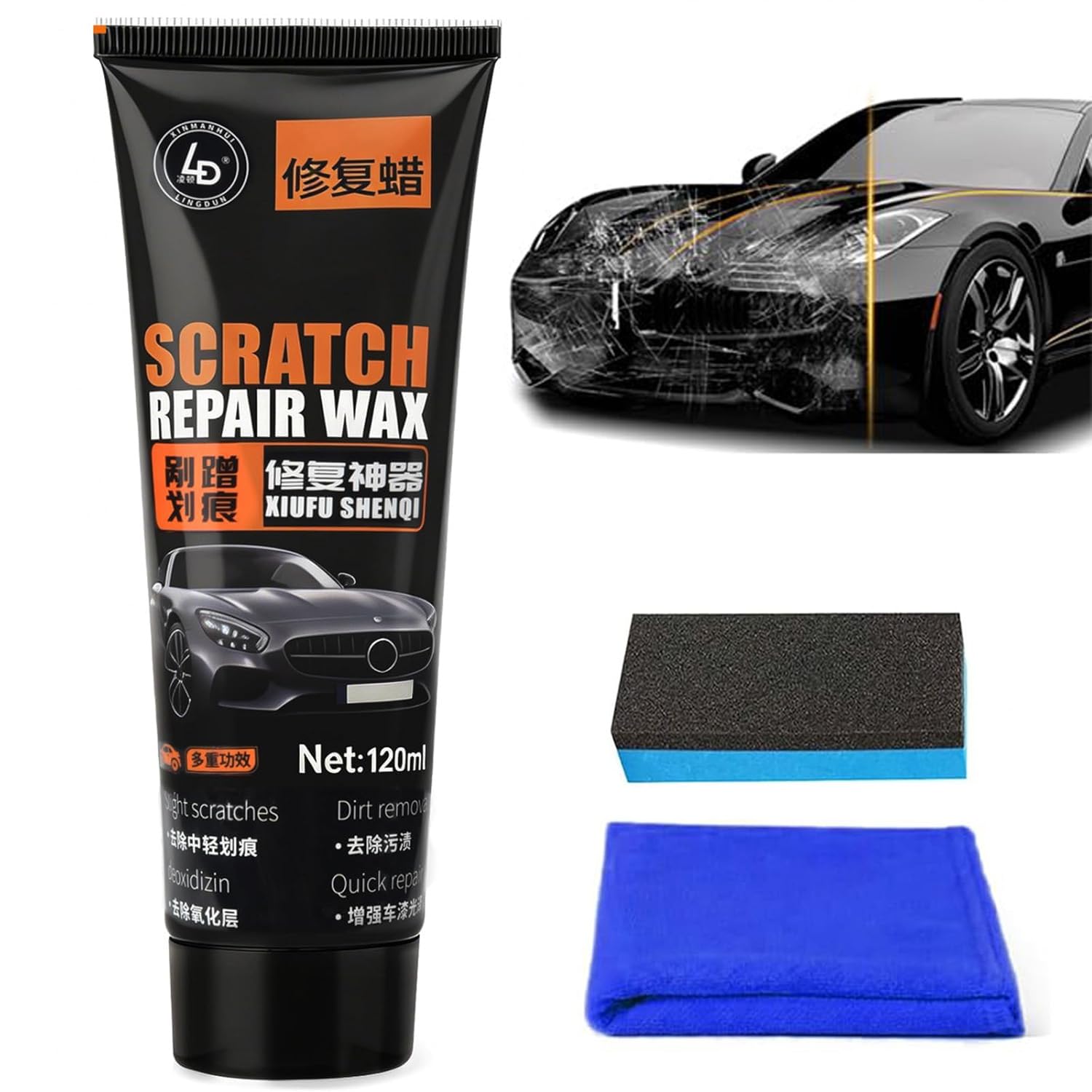 Car Scratch Remover, Scratch Remover Kit for Cars 120 ml, Car Scratch Removal Wax Repair Paste with Wipe and Sponge, Remove Minor Scratches and Restore Surface Shine
