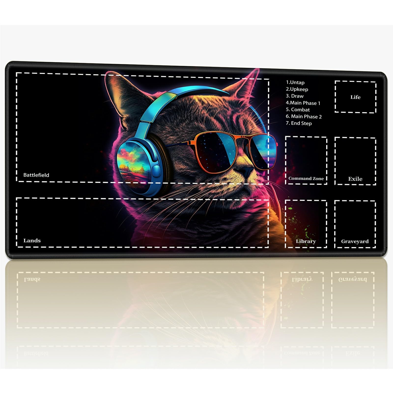 Playmat with Zones for MTG Magic The Gathering, 24 x 14 inches Stitched TCG Trading Card Play Mat Commander Board Game Mats Smooth Rubber Surface Battle Game Desk Mat, Cool Cat with Glasses — image 1