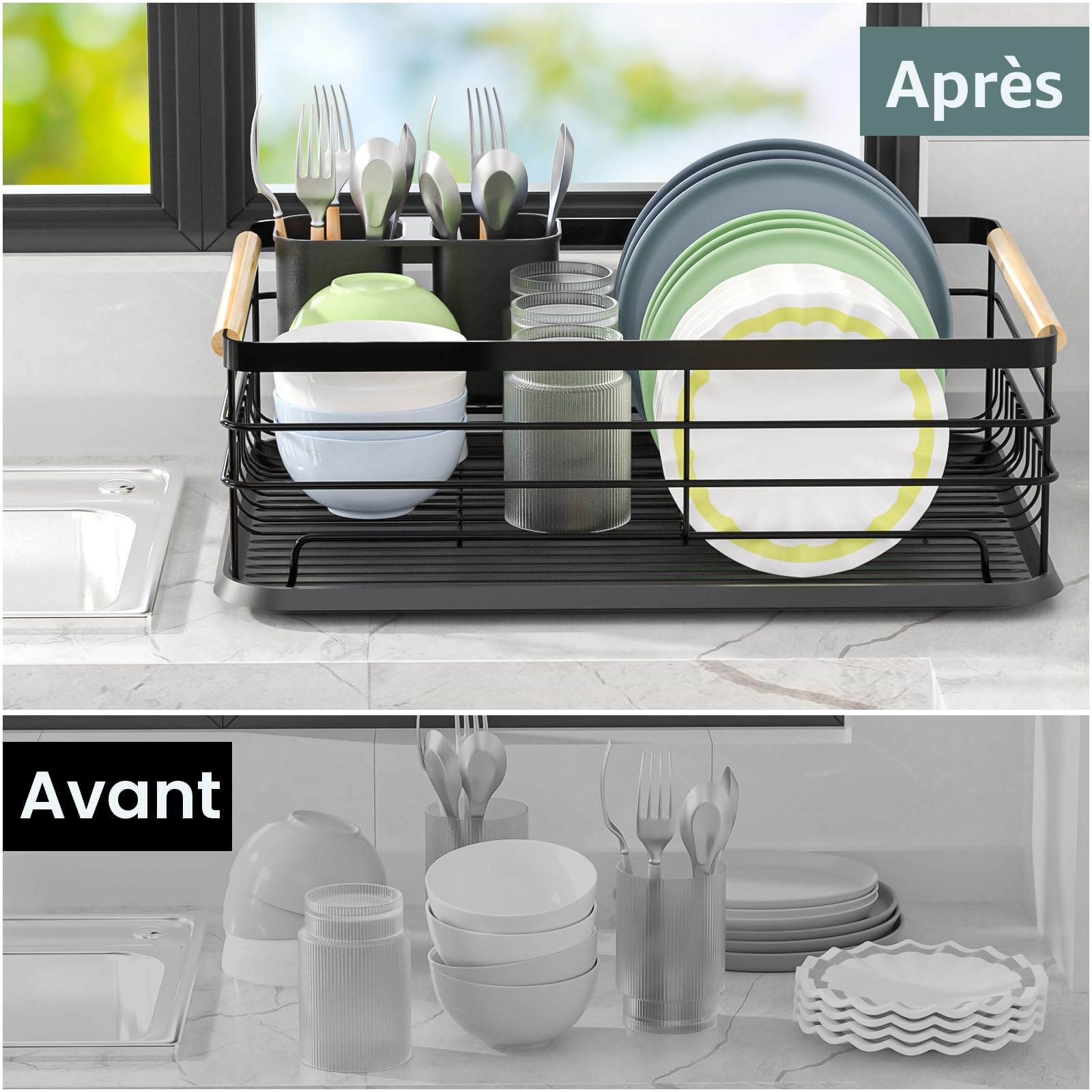 Dreamhigh® Egoutoire Vaisselle Cuisine, Egouttoir Vaisselle sur Evier avec Porte-ustensiles et Bac D'égouttement, Plateau Étendoir pour Évier Cuisine, pour Une Famille de 3-5 Personnes