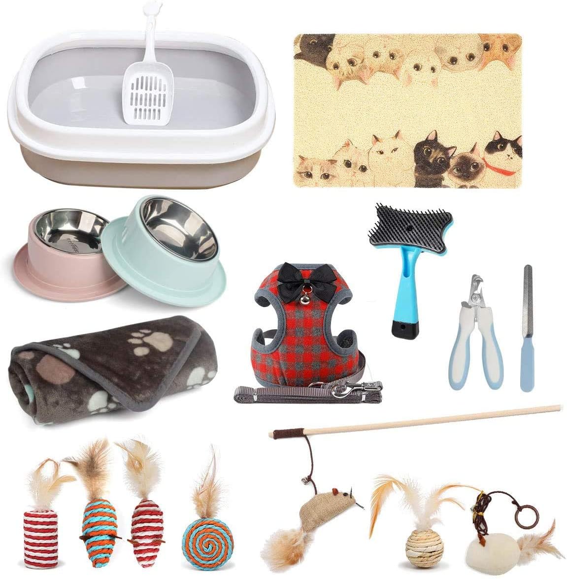 Cat Starter Kit Litter Box, 9pcs Cat Starter Kit Gift Set, Includes: Cat Harness and Leash Set, Cat Bowl, Cat Litter Box, Cat Litter…