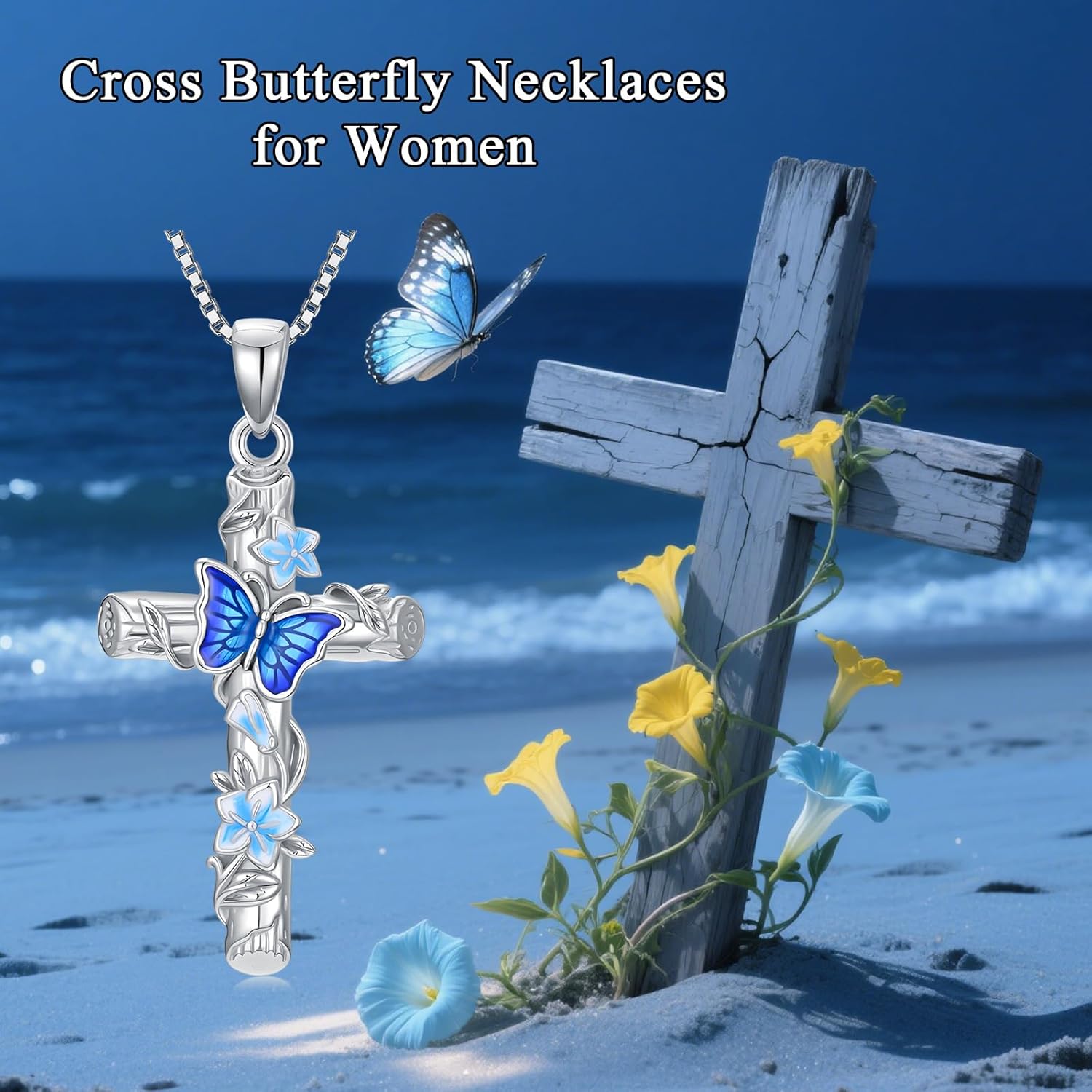 AOBOCO Cross Butterfly Necklace 925 Sterling Silver Wood Grain Cross Christian Faith Religious Jewelry Gift for Women - Image 6