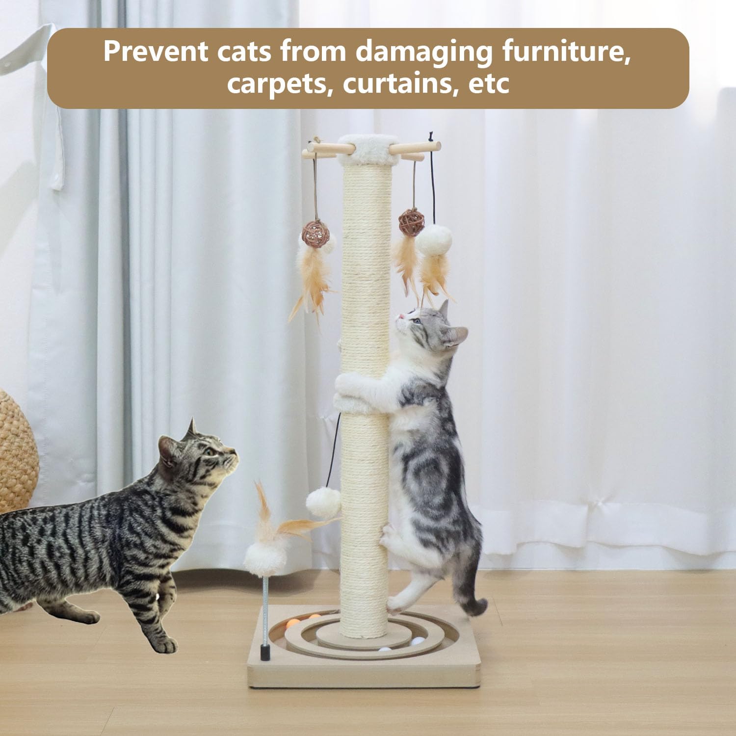 PEEKAB Kratzbaum Sisal Kratzbaum für Indoor Katzen und Kätzchen mit Tracking Ball Interaktives Spielzeug und Hängende Bälle 30 Zoll Beige