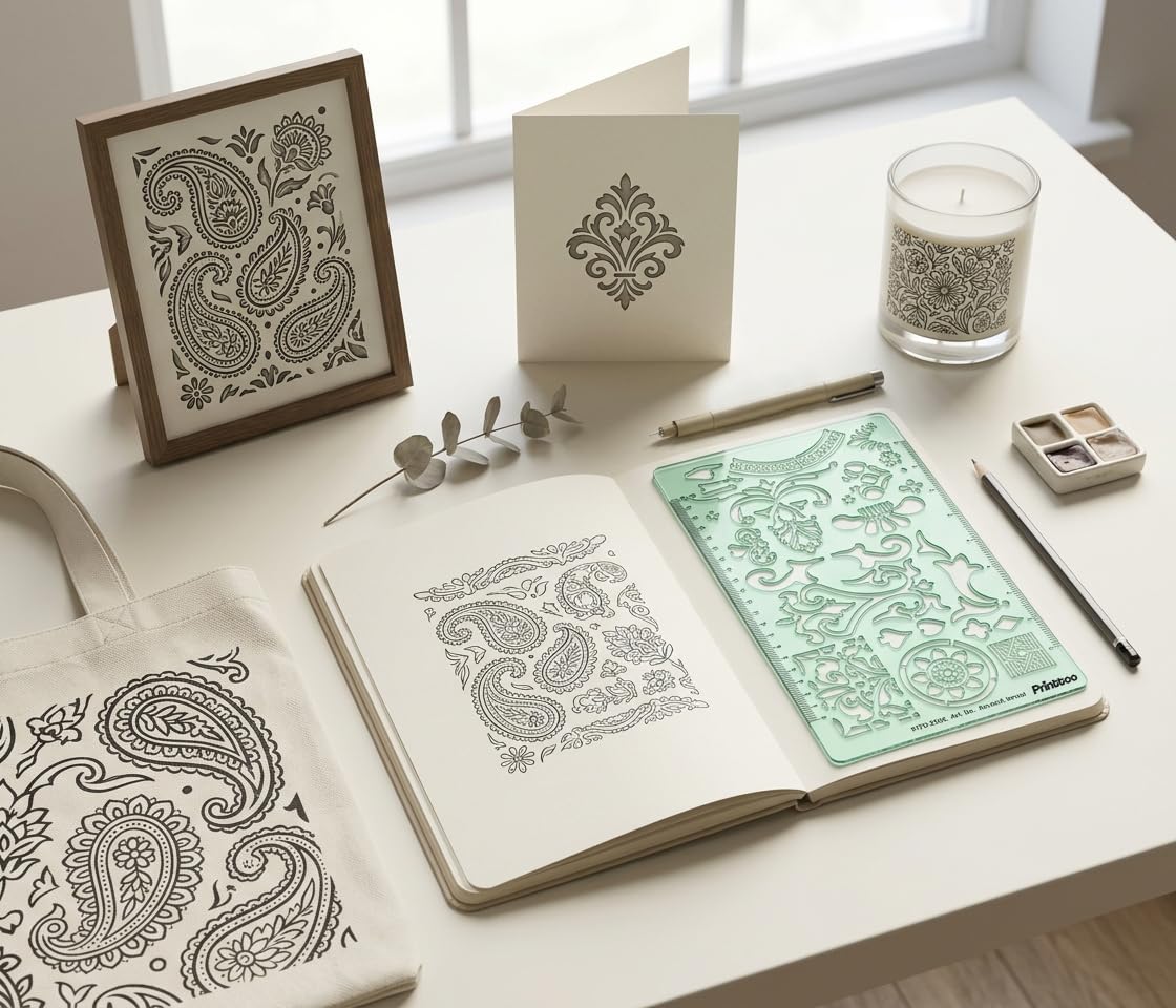 Printtoo Stencil decorativi per scrapbooking, pittura, diari, biglietti, arte fai da te, bordi floreali, angoli in stile arabo, 5 fogli da disegno in acrilico riutilizzabili da 2 mm