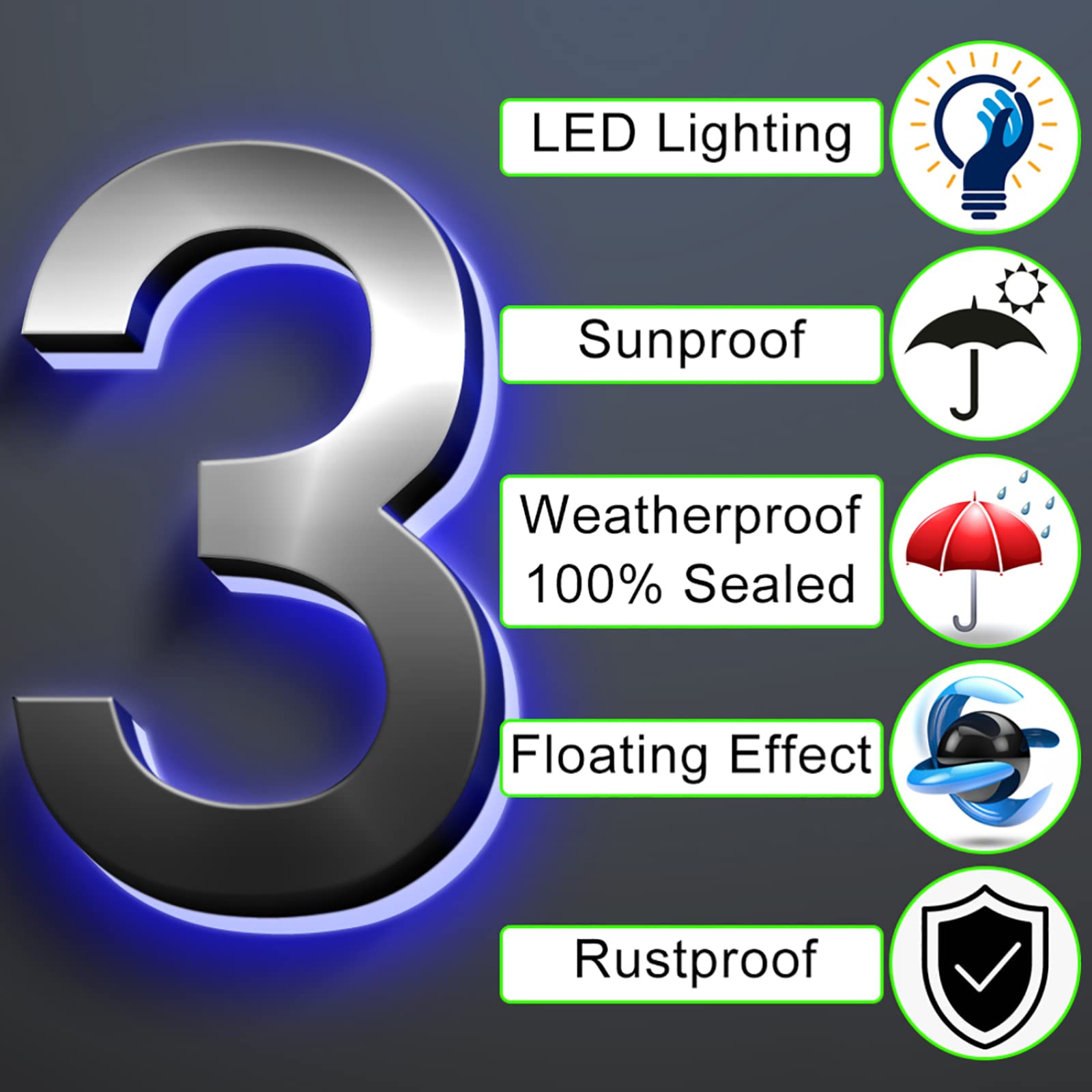 Hausnummernschild Modern Hoch Beleuchtet Große LED-Hintergrundbeleuchtung Hausnummer Für Den Außenbereich Gebürstetes Silber Beleuchtete LED-Adressnummer Für Haus