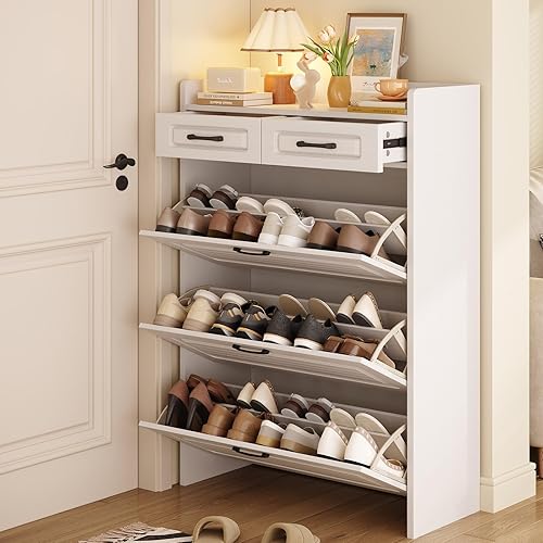Vista 36 de Armario de zapatos para entrada, armario estrecho de almacenamiento de zapatos con 3 cajones abatibles y 2 cajones superiores, armario organizador