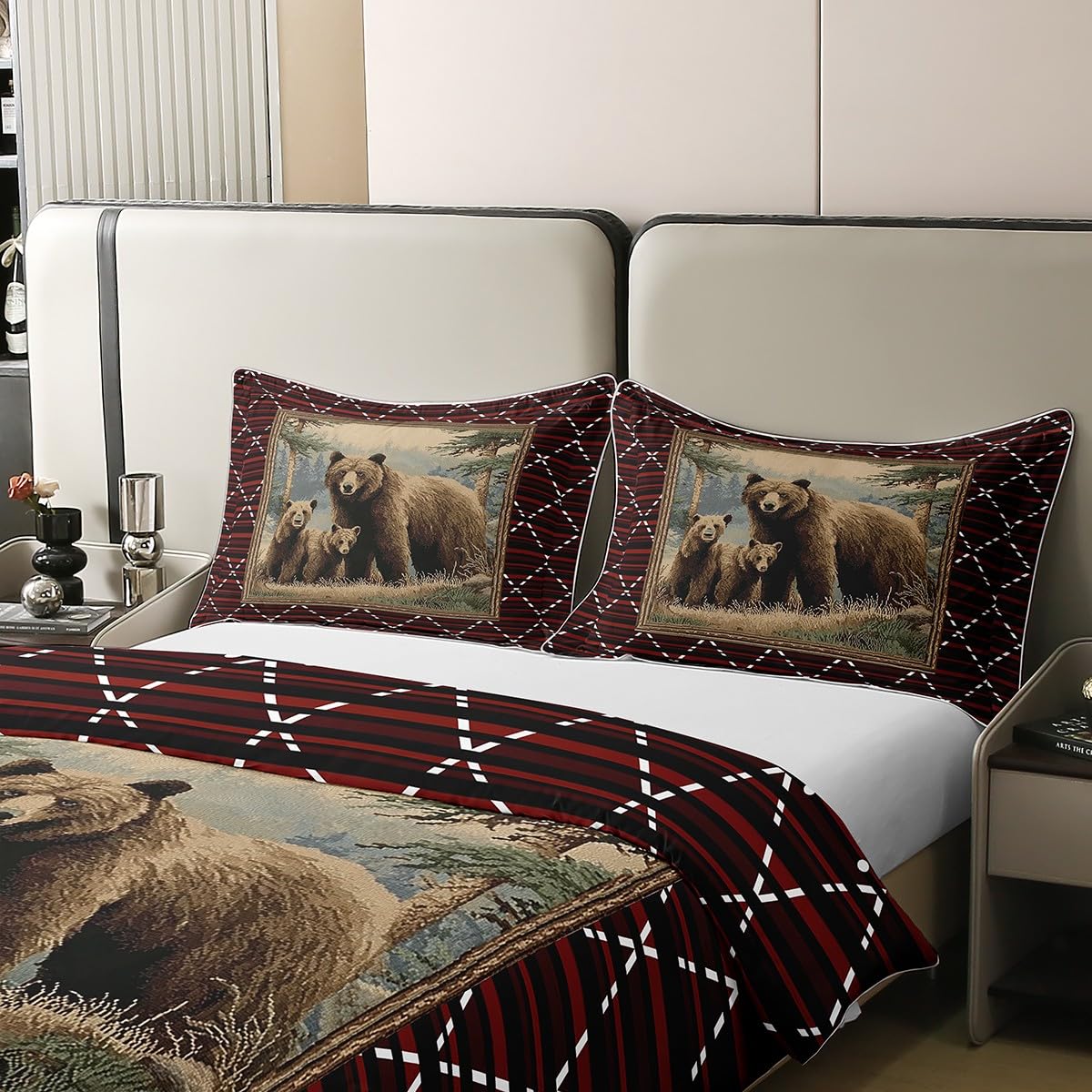 Homewish Jagd Bärenmuster Baumwollbettwäsche 135x200 Rustikale Hütte Abenteuer Bettbezug Jugendliche Land Bauernhaus Bettwäsche Geometrischer Diamant Bedding Wohndekor 2 Teilig