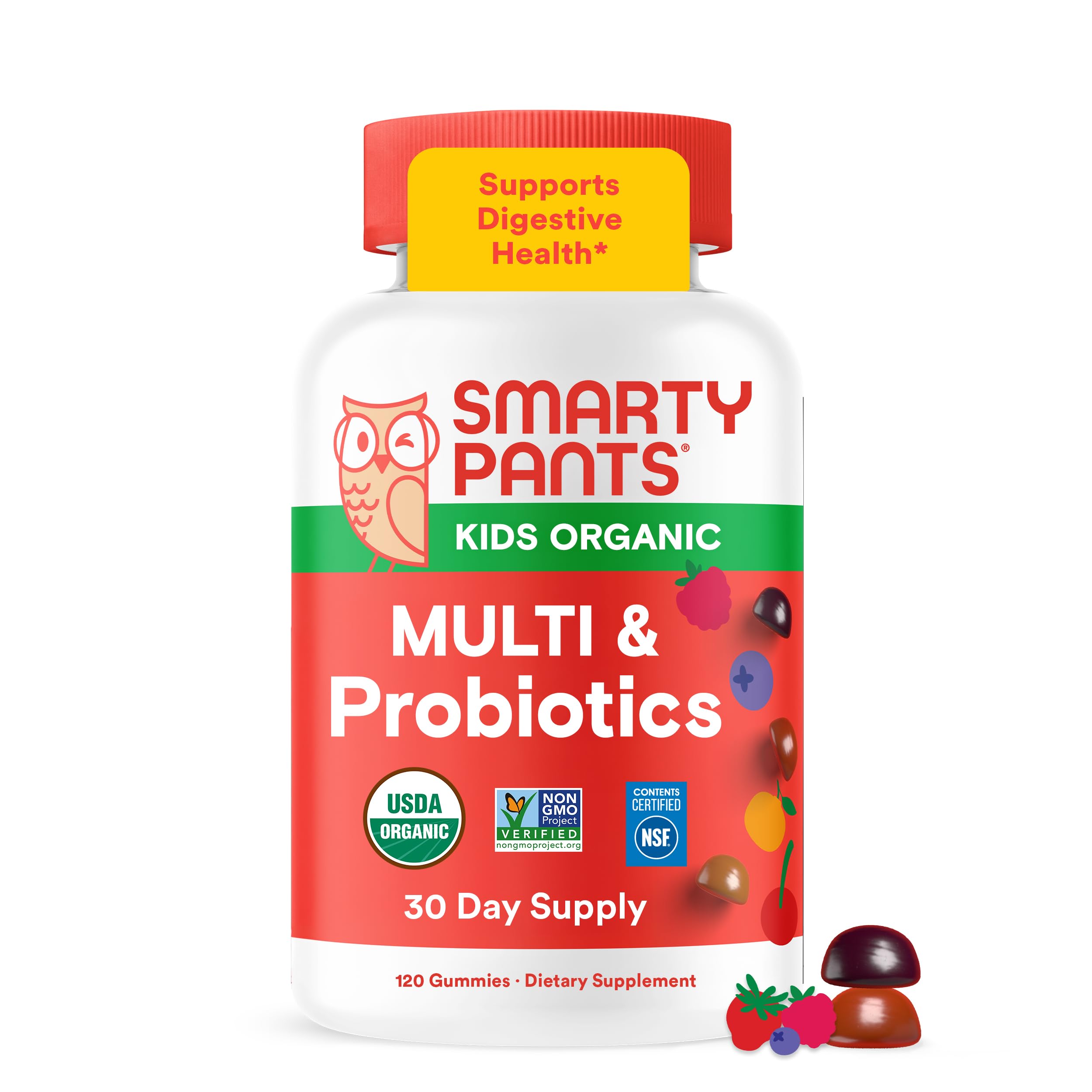 SmartyPants Organic Kids Multivitamin Gummies: Probiotics, Omega 3 (ALA), Beta Carotene, Vitamin B12, B6, A, K & Zinc for Immune Support, Biotin, Three Fruit Flavors, 120 Count (30 Day Supply)