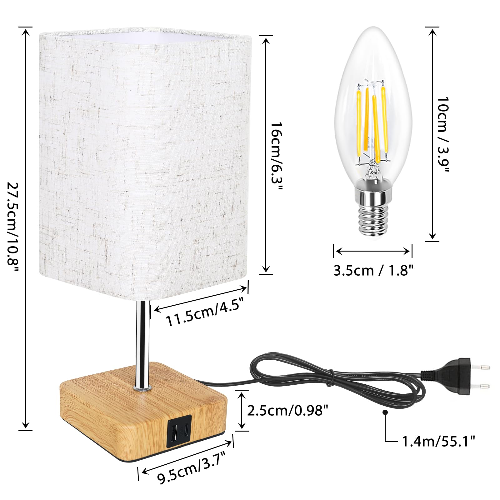 Jayencer Lámpara Mesita Noche Táctil Regulable, Lamparita de Mesita con Puertos de Carga USB A y C, 3 Niveles de Brillo, Lámparas con USB, Perfecta para Dormitorio, Sala, Oficina (USB-1 pieza)