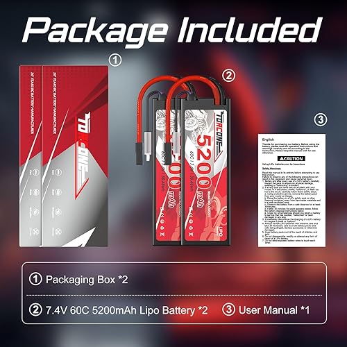 Miniatura 7 de TORCONE Batería Lipo de 7.4V 2S 60C 5200mAh Lipos Estuche rígido con enchufe Traxas para coches TR RC camiones 18 110 RC Vehículos (2 paquetes)