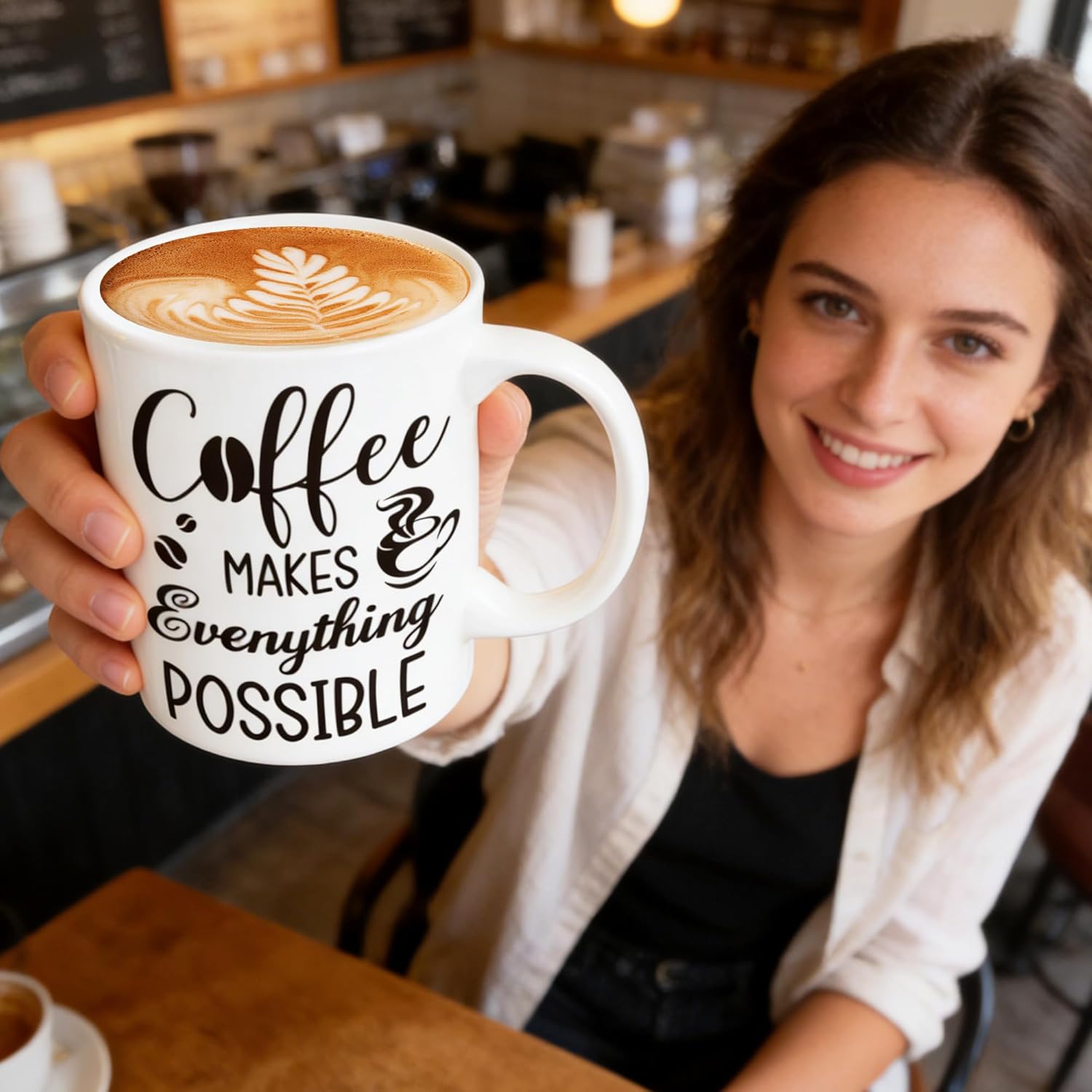Coffe Gifts for Women, 6 Pcs Coffee Gift Basket, Includes Mug, Candle, Ceramic Coaster, Spoon, Keychain & Sock, Christmas Mother's Day Birthday Present for Coffee Lover
