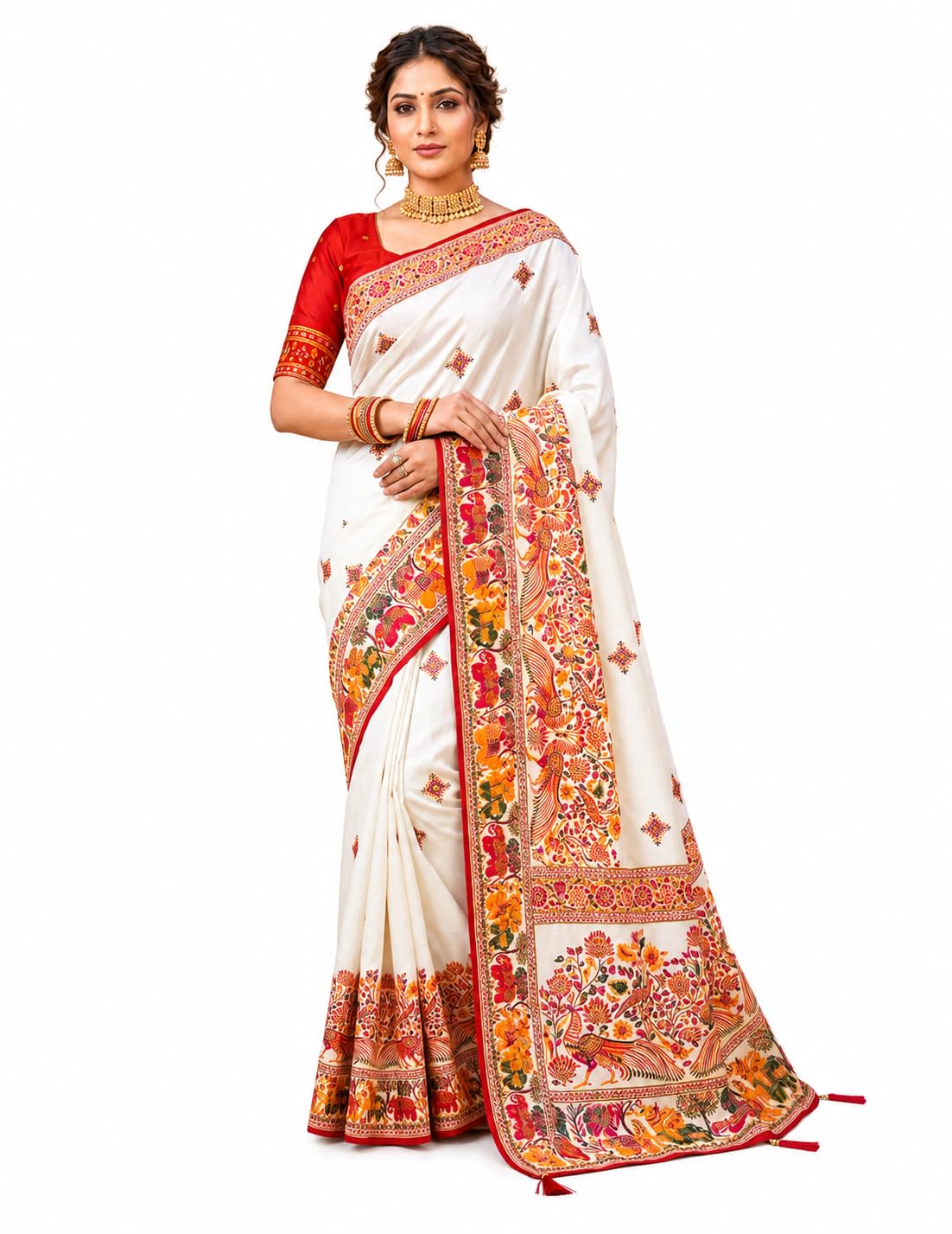 Women's Pure Rajwadi Pashmina Silk Woven Saree with Kashmiri Thread Woven Pallu | Heavy Zari Elephant Border, Running Butti, Handmade Tassels | Contrast Unstitched Blouse-image-27