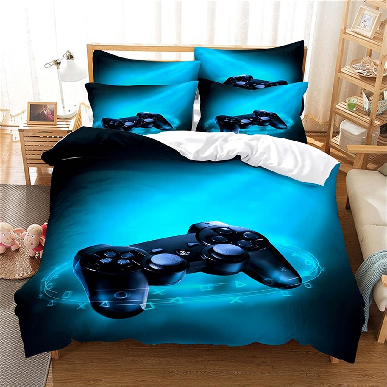 Parure de lit 3 pièces imprimée bleu pour lit double avec housse de couette motif manette de jeu