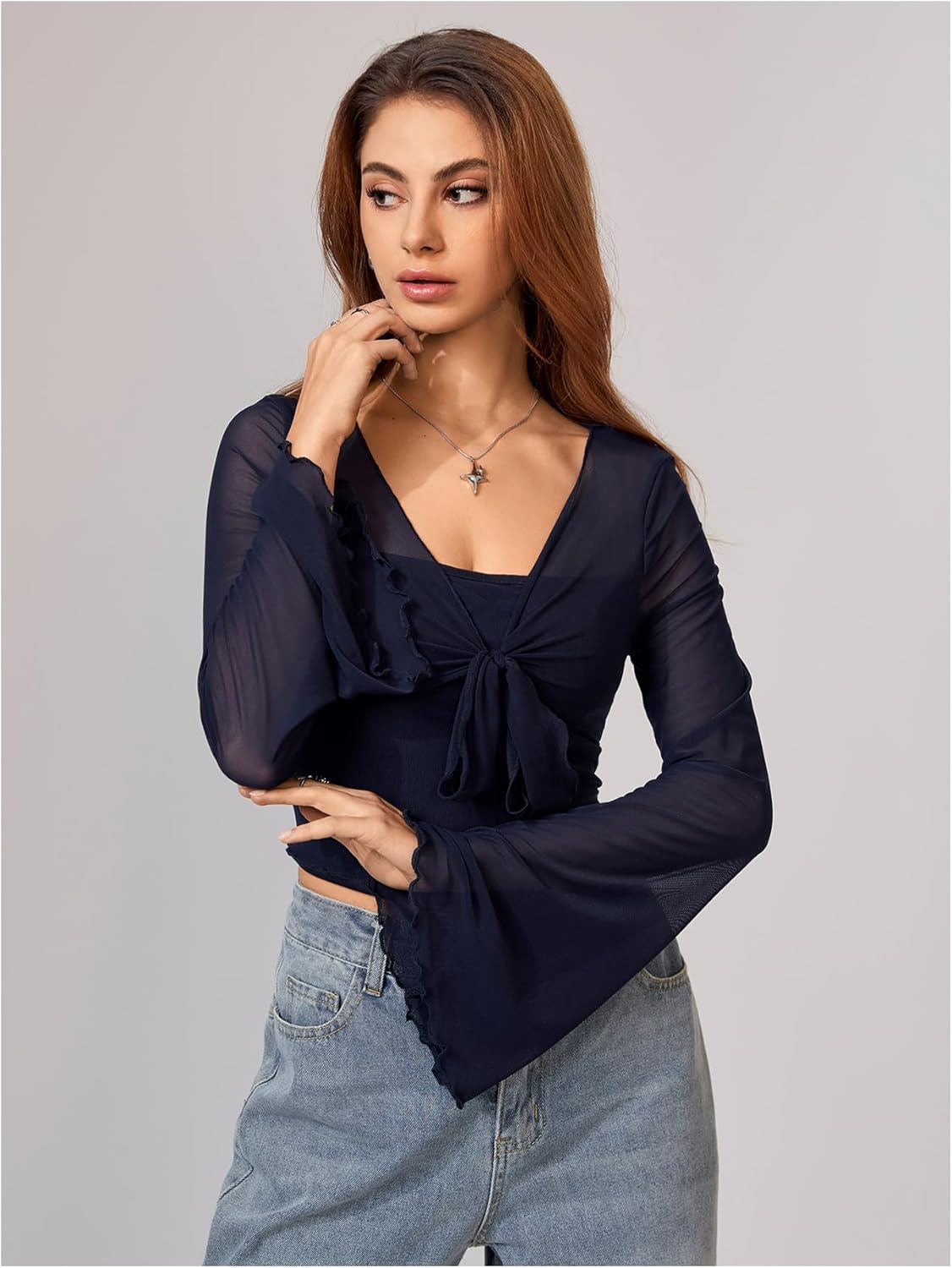 MakeMeChic Women's Spring Mesh Bell Sleeve Top Y2K Sheer Tie Front Crop Tops Tee Shirt - Image 4