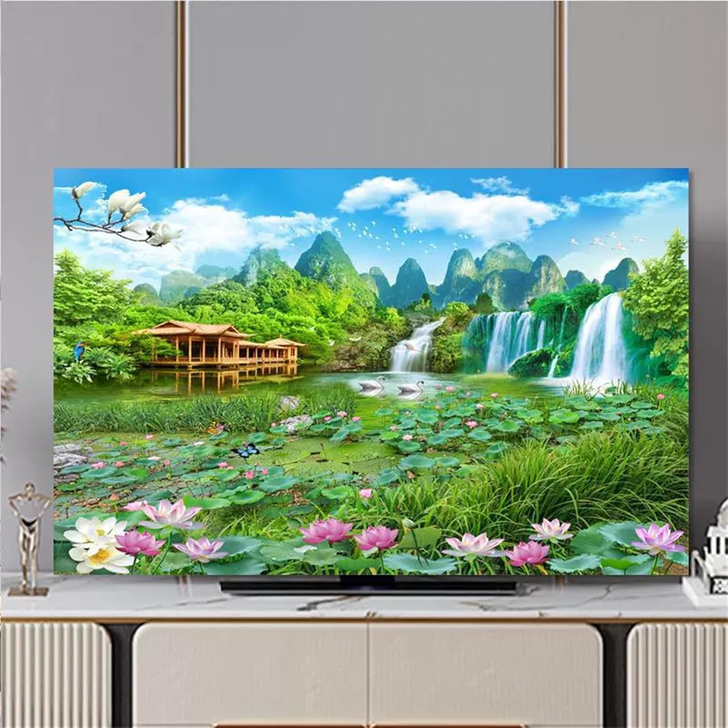 Green Nature Print TV Cover Indoor TV Dust Cover for 32-80Inches Elastic Screen Protector for Television/PC Display All-Inclusive Anti-Dust Decorative Cover-grassland||55inch