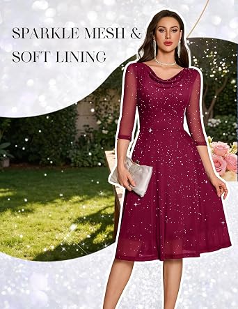 DRESSTELLS Cocktail Dresses for Women Formal Wedding Guest Sequin Sparkly Cowl Neck Midi Aline Mesh Dress