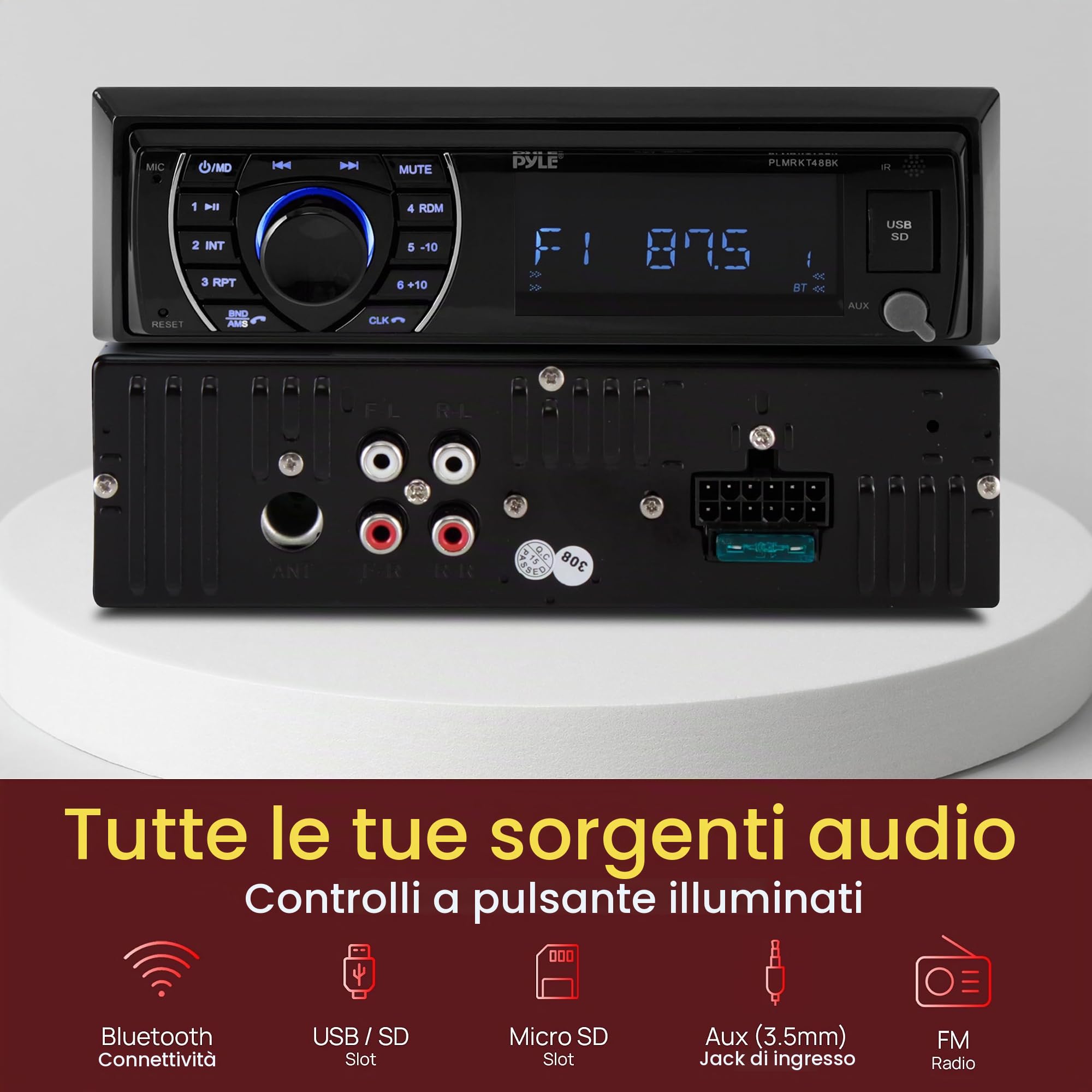 Pyle Autoradio Bluetooth, Stereo Nautico per Yacht e Accessori Barca con Radio AM/FM, Lettore MP3/SD, Display LCD e Microfono, Kit con 4 Altoparlanti Impermeabili 16,5 Cm, Casse Audio Speaker