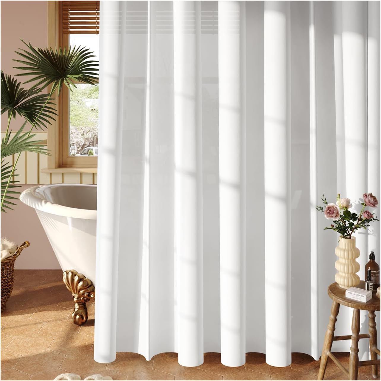 Rideau douche blanc tissu PEVA 180 x 200 cm avec 12 crochets inclus