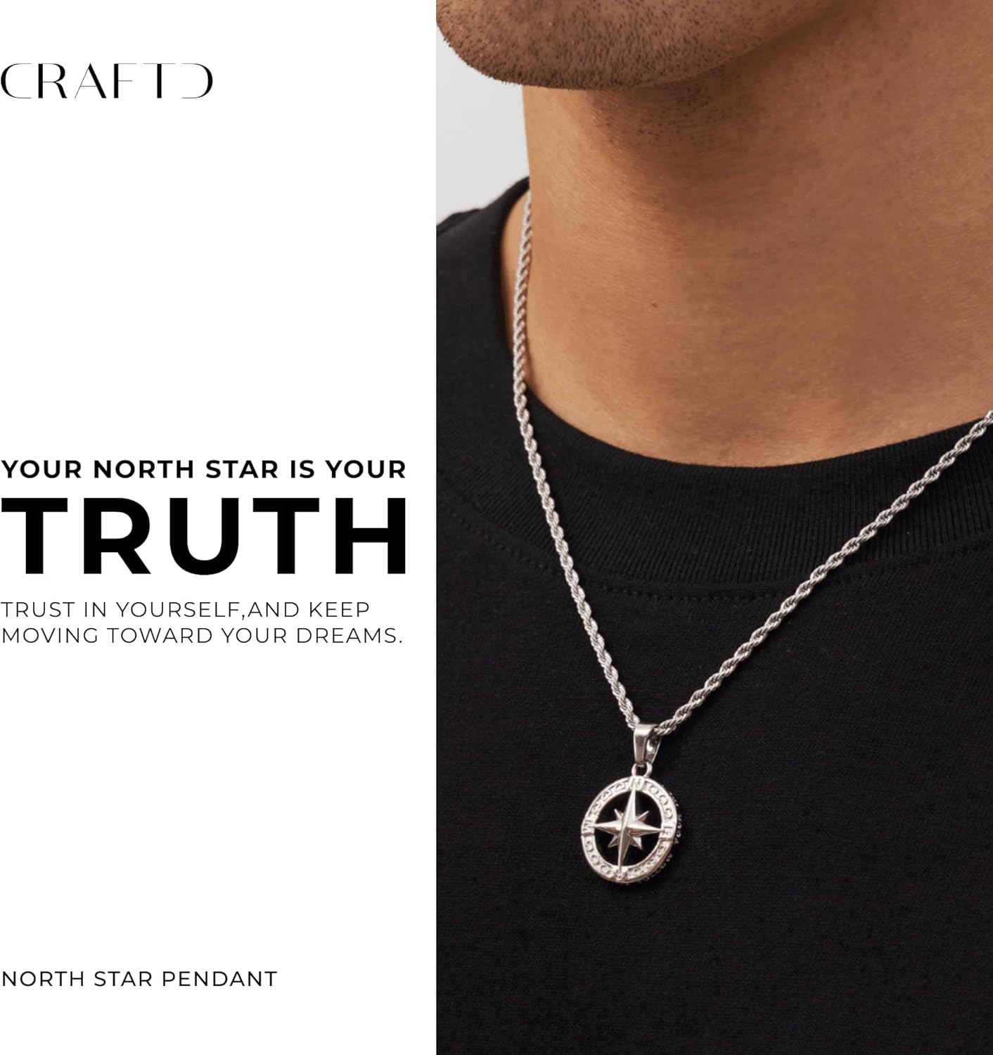 CRAFTD - North Star Pendant Necklace - 20.5" Chain Link with 20MM x 20MM Pendant - Waterproof, Heat & Sweat Resistant - Gifts for Men - Men's Jewelry - Image 2
