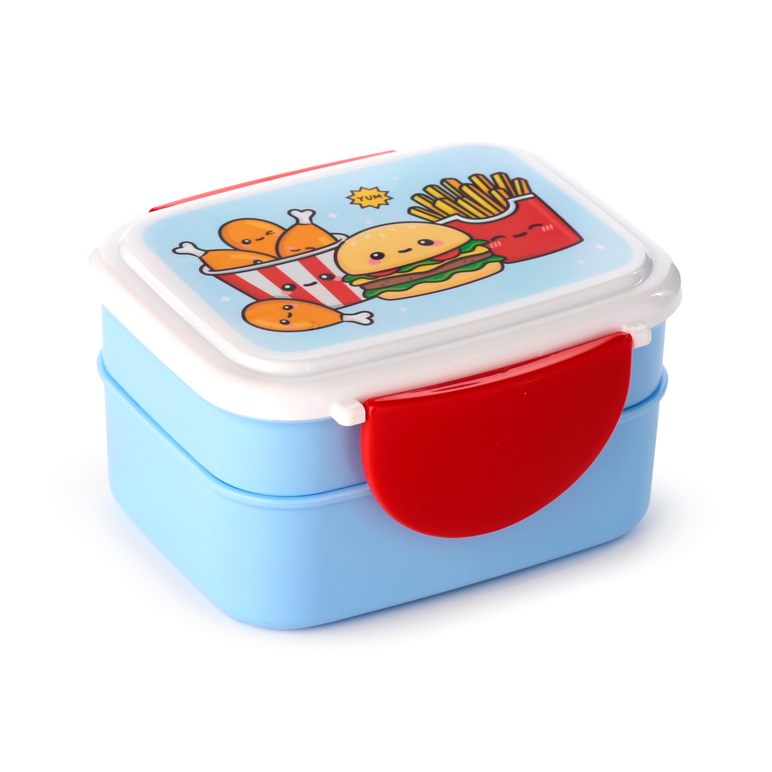 Puckator Foodiemals Clip Lock Stacked Bento Lunch Box with Cutlery - Lunch Box for Adults and Kids with Compartments - Snack Box - Food Containers with Lids - Stackable Snack Pots for Kids Meal Prep