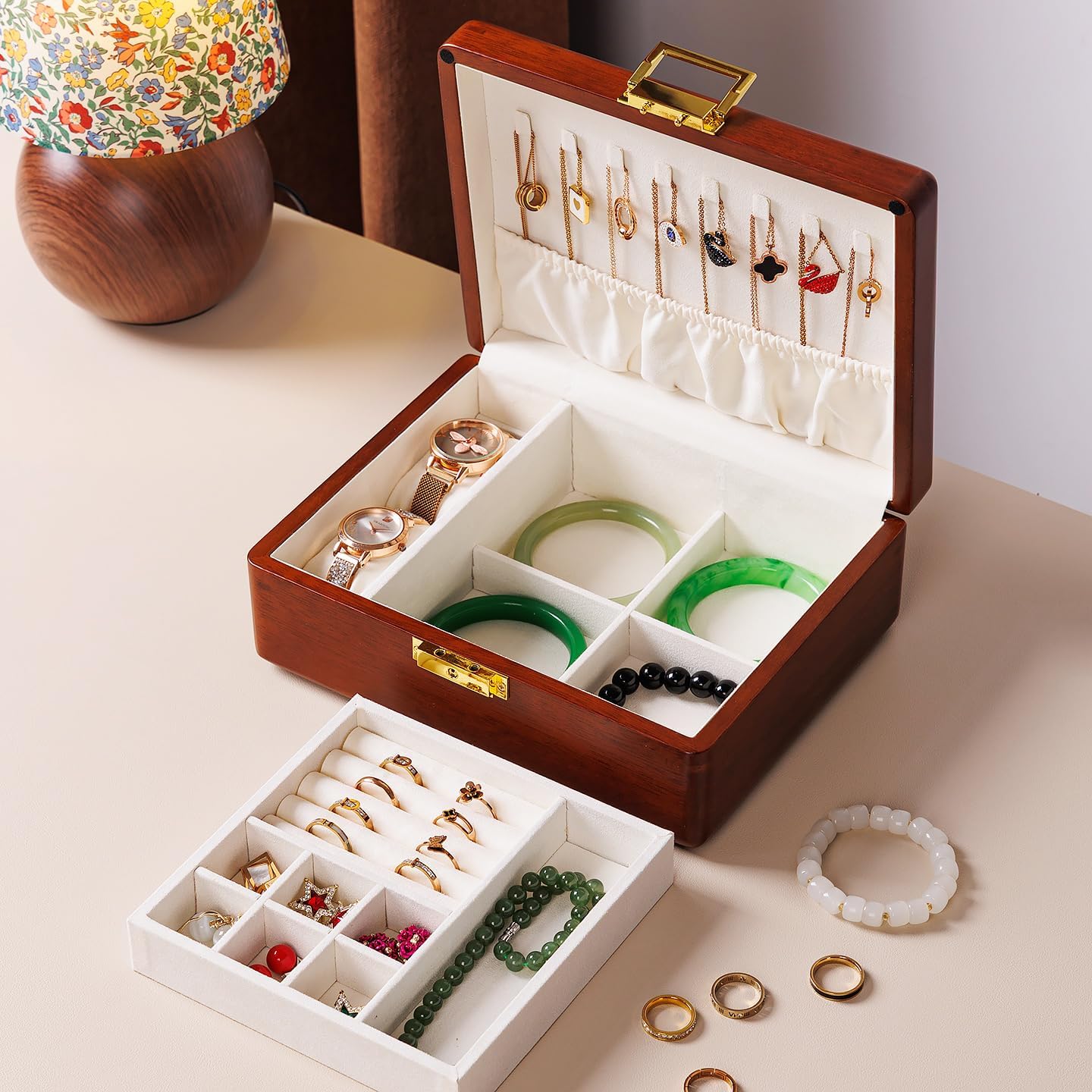 2 Layer Anti Tarnish Solid Wood Jewelry Organizer Box with Lock image 2