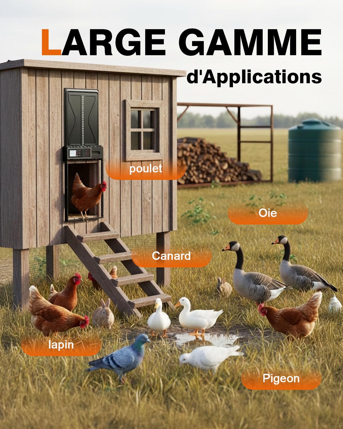 Porte Automatique Poulailler avec Écran LED et Minuterie 24h, Grande Trappe Poulailler Automatique en Aluminium IPX5 Résistante à l’Eau, Anti-Pincement, pour Poules, Canards et Poussins