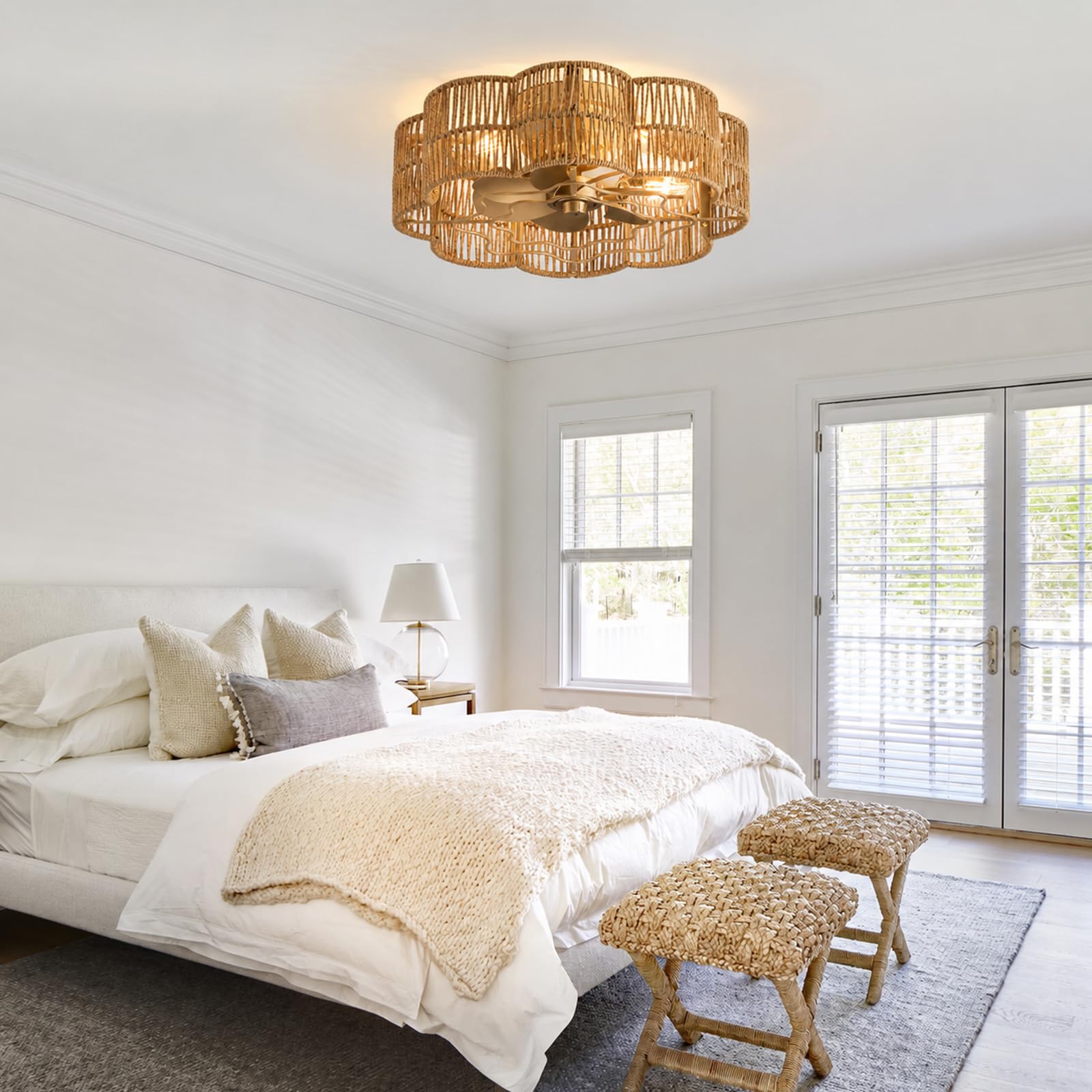 Deckenventilator mit Beleuchtung Boho Blumenform Rattan-Optik Ø47 cm | Fernbedienung, E27, Leise, 6 Geschwindigkeiten, Schlafzimmer Wohnzimmer Esszimmer