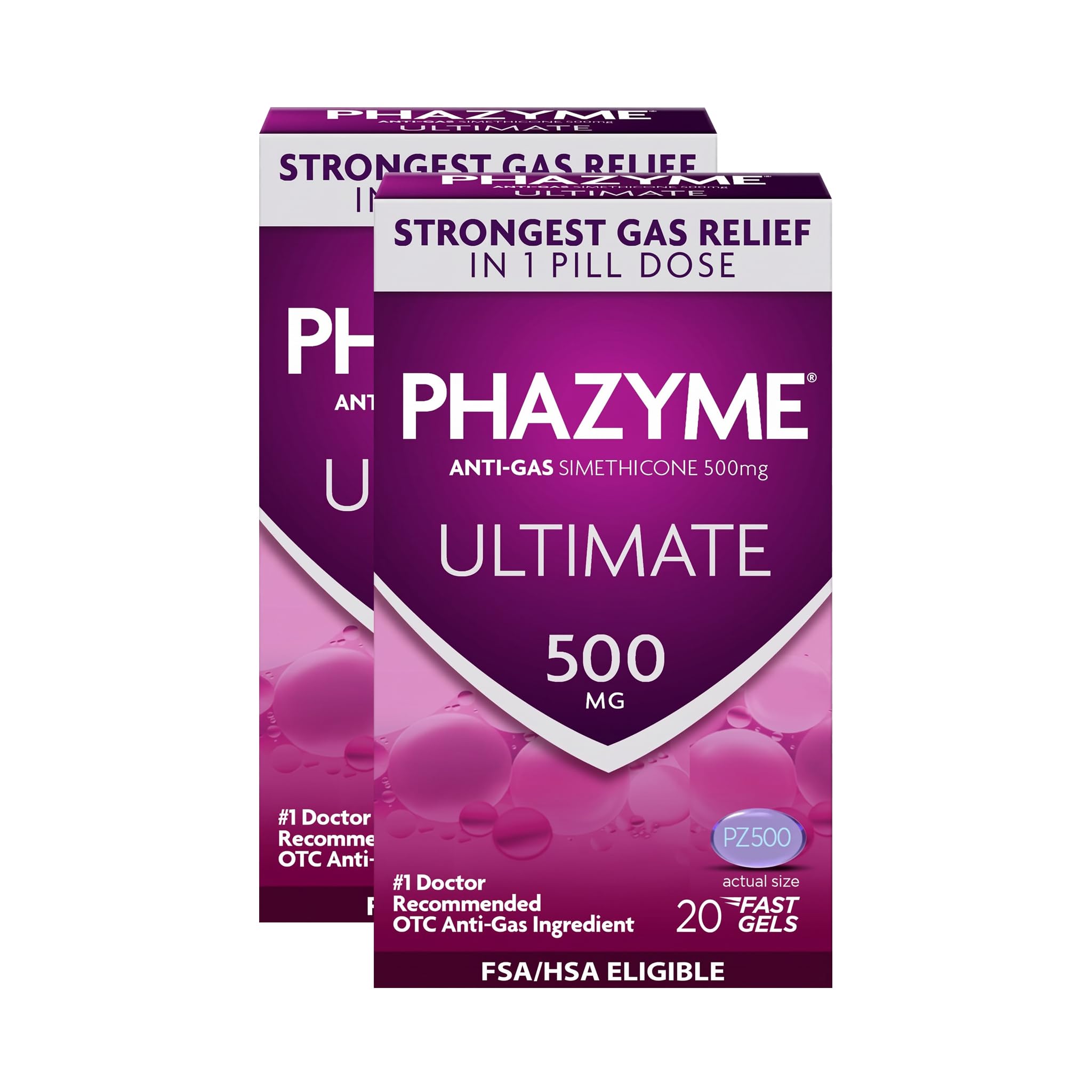 Phazyme Ultimate Strength Anti-Gas 500 mg Simethicone Gas Relief for Adults, Fast Gels Quickly Ease Bloating, Pressure and Discomfort, 20 Count (Pack of 2)