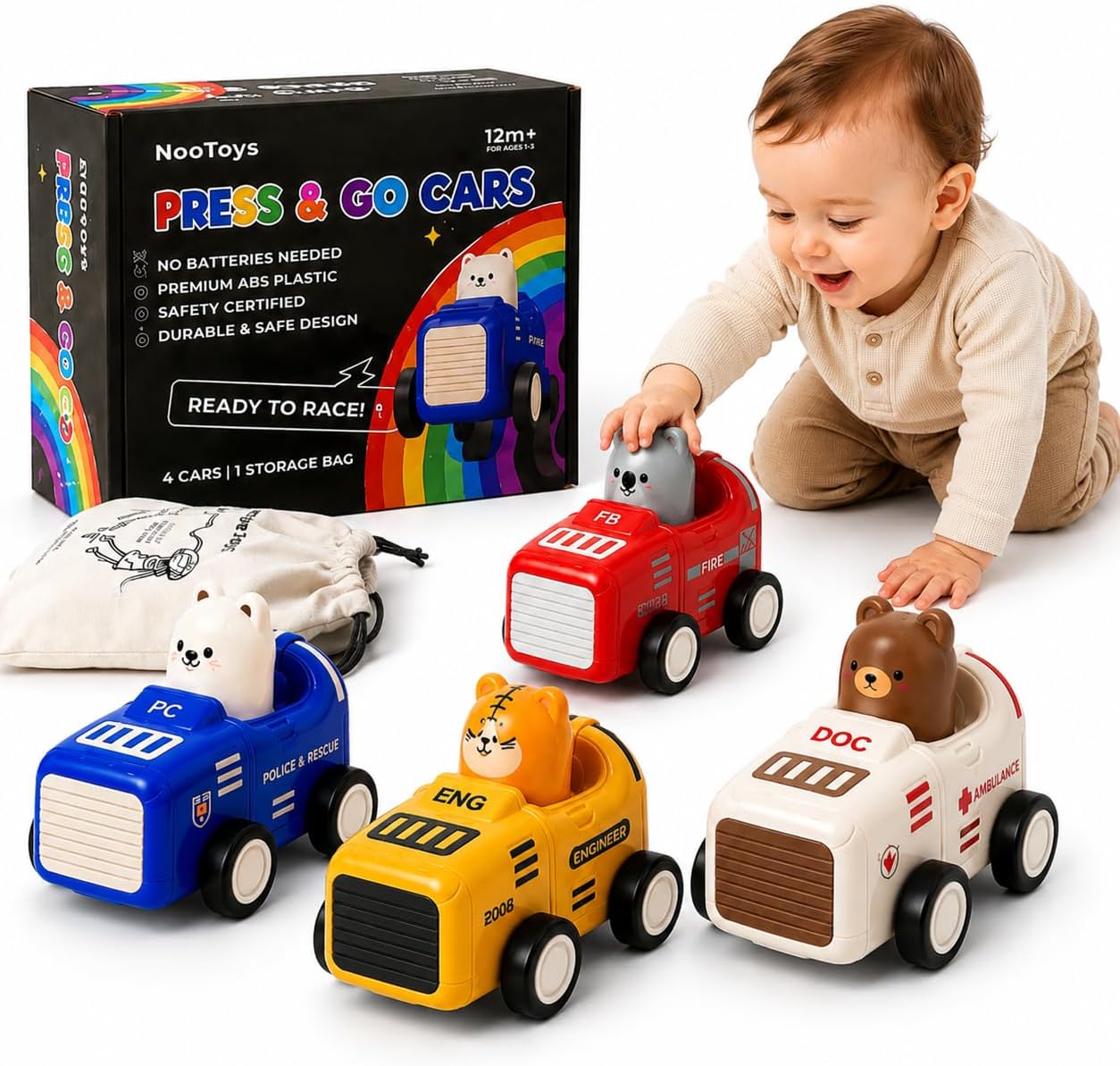 Press & Go Cars - Toys for 1 Year Old Boy - 4 Pack Premium Set with Bag - Montessori Baby Toys 12-18 Months - 1st Birthday Gifts for Boys & Toddlers 1-2-3 - No Batteries Required