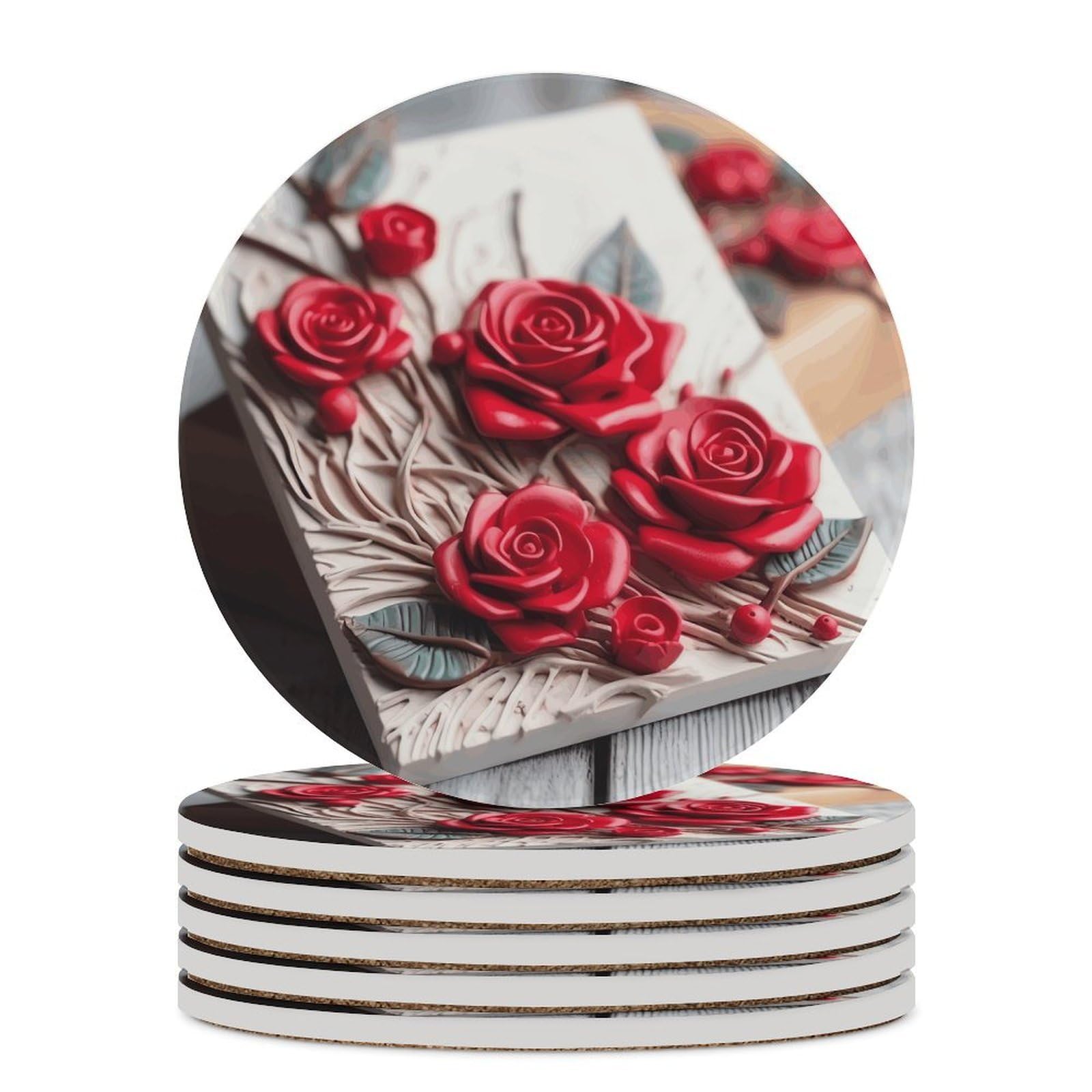 Khauerbc Style Roses On Wooden Board Drink Coasters With Holder For Coffee Table,Ceramic Coaster With Cork Base,Ceramic Stone Coaster For Iced Cold Or Hot Drinks,4.1 Inches