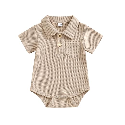 Lesimsam Roupas para bebês recém-nascidos, camisa polo de malha waffle cor lisa, abotoado, manga curta, body com colarinho