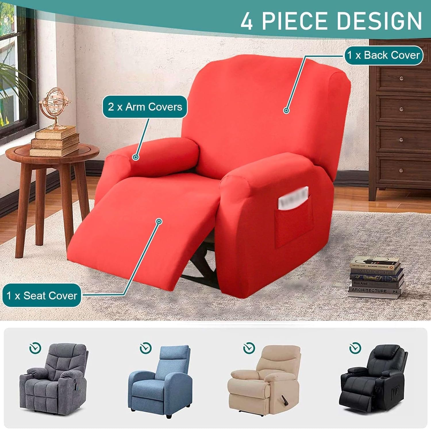 Housse De Fauteuil Relax 1 Place - 4 Pièces Extensibles, Antidérapante, Lavable - Avec Poche Latérale