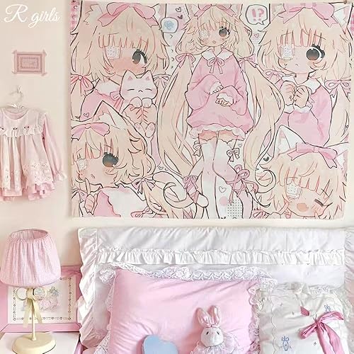 HOKMAH Kawaii Room Decor Anime Tapestry, Y2k Cutecore Room Dorm Decor Coquette Wall Hanging Banners Harajuku Preppy Academia (30 * 40'',Type-D) - 60"L x 40"W - Type-D