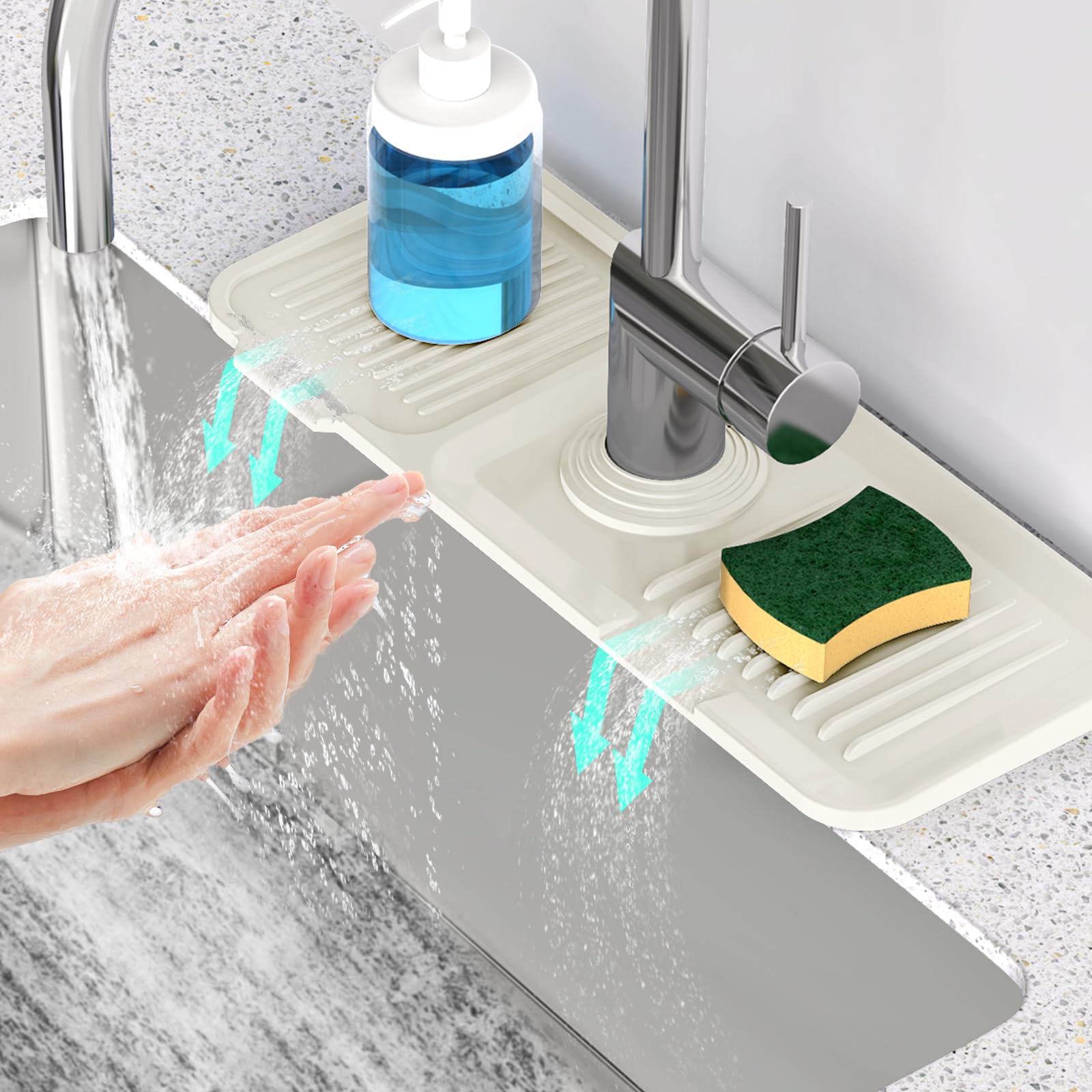Photo 1 of 14.6 inch Faucet Mat for Kitchen Sink [5°Slope Fast Self-draining] Faucet Mat Kitchen Sink Splash Guard Silicone Sink Splash Guard Kitchen Sink Area Tidy Splash Faucet Guard Draining Mat-Beige