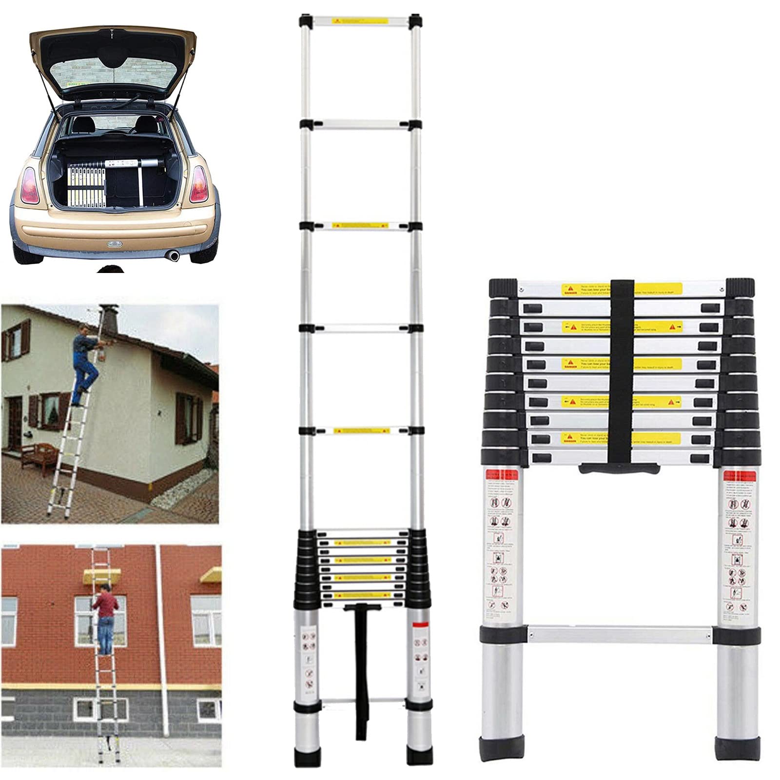 Escalera telescópica extensible de aluminio de 2,6 m, resistente, con 9 peldaños, capacidad de carga de 150 kg, EN131