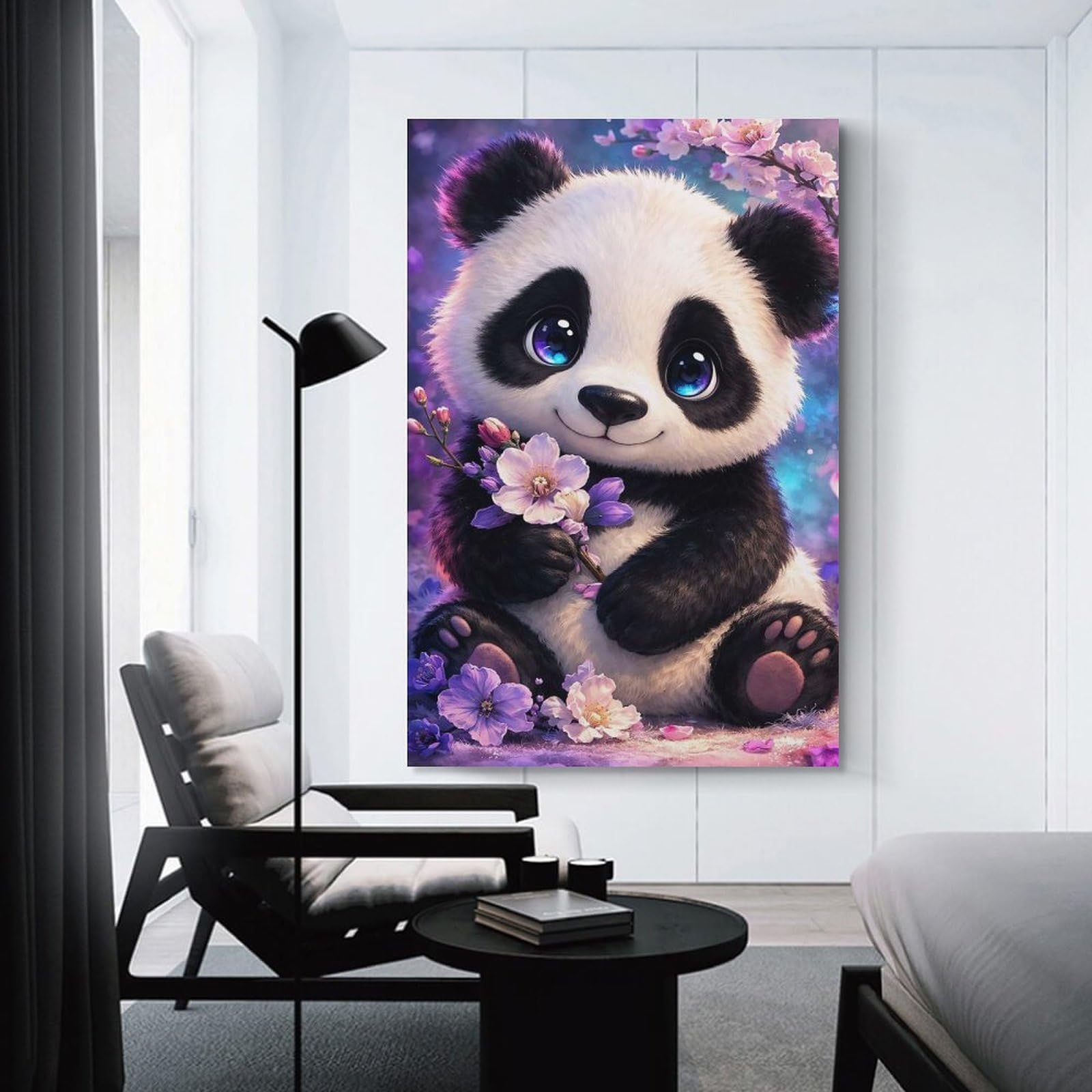 Junmoney Decorative Canvas Print Cute Panda with Flowers, 24x36inch(60x90cm), for Home Office, Desk Area Or Studio, Home Office Artwork with Decorative Appeal