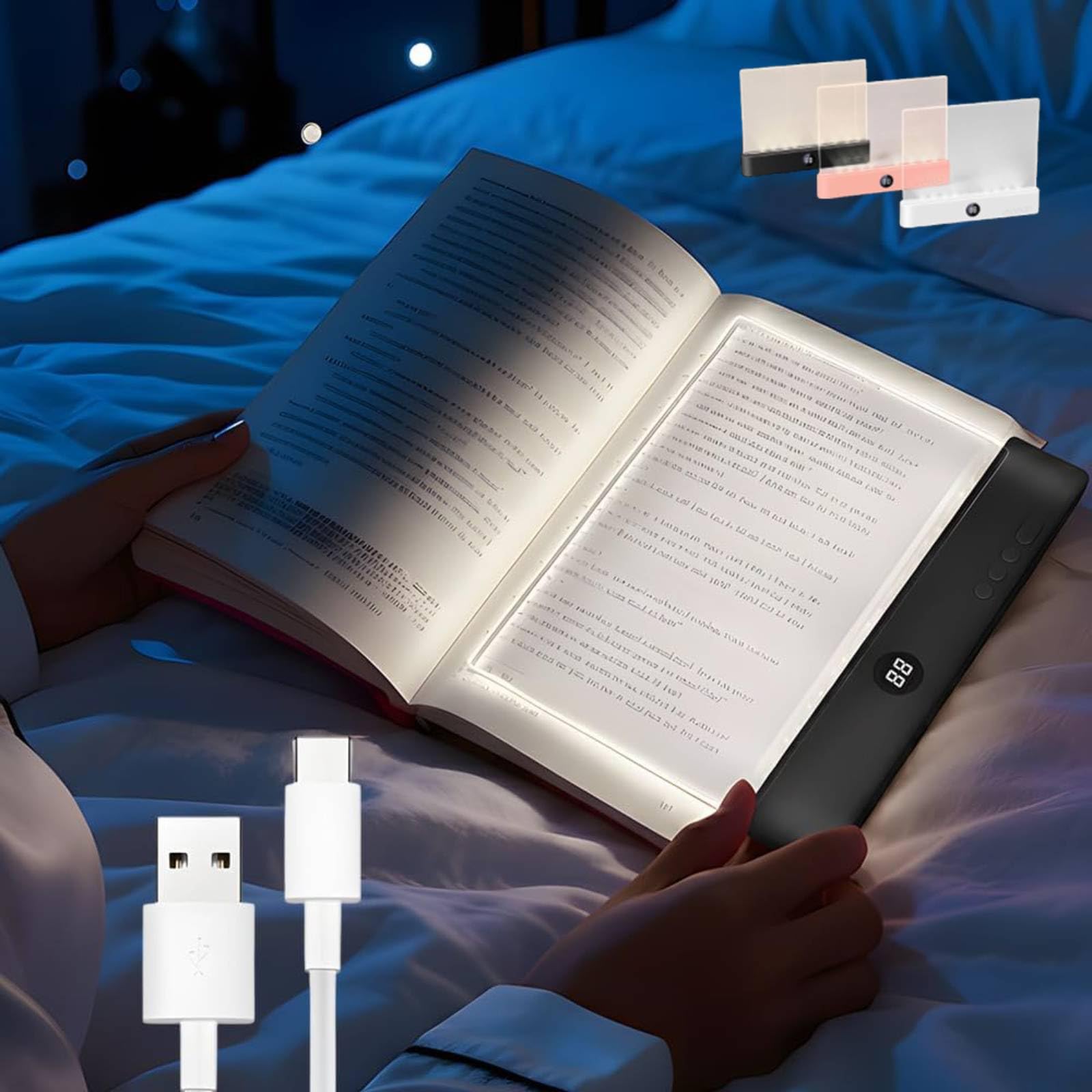 Buchlichter zum Lesen in der Nacht, wiederaufladbares LED-Leselicht mit 3 Farben und Timer, Augenschutz, dimmbar, Ganzseitenlampe, die den Schlaf Ihres Partners nicht stört