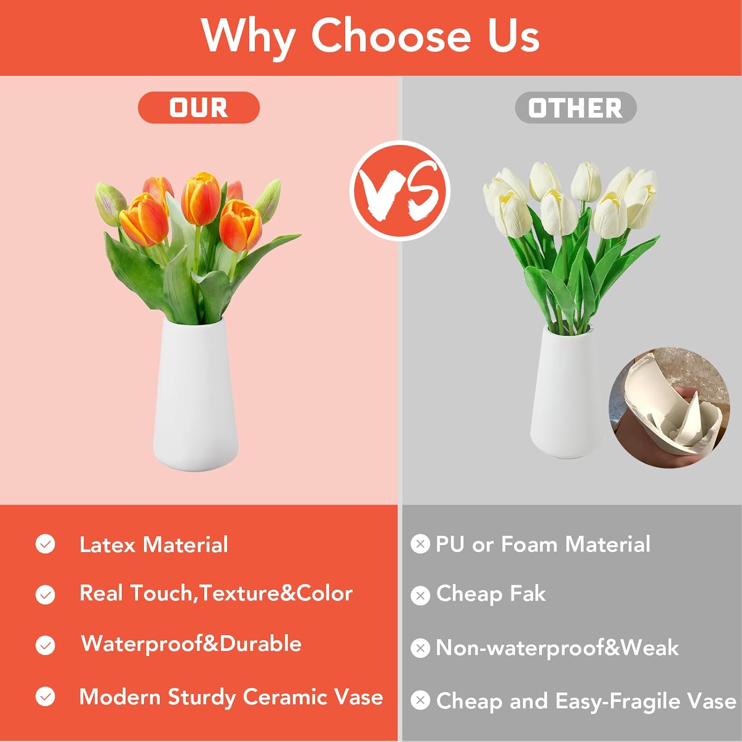 Orange Lifelike Artificial Tulips with Ceramic Vase, Soft-Touch Latex Fake Flowers Arrangement for Wedding Centerpieces, Modern Farmhouse Home & Office Table Party Room Decor