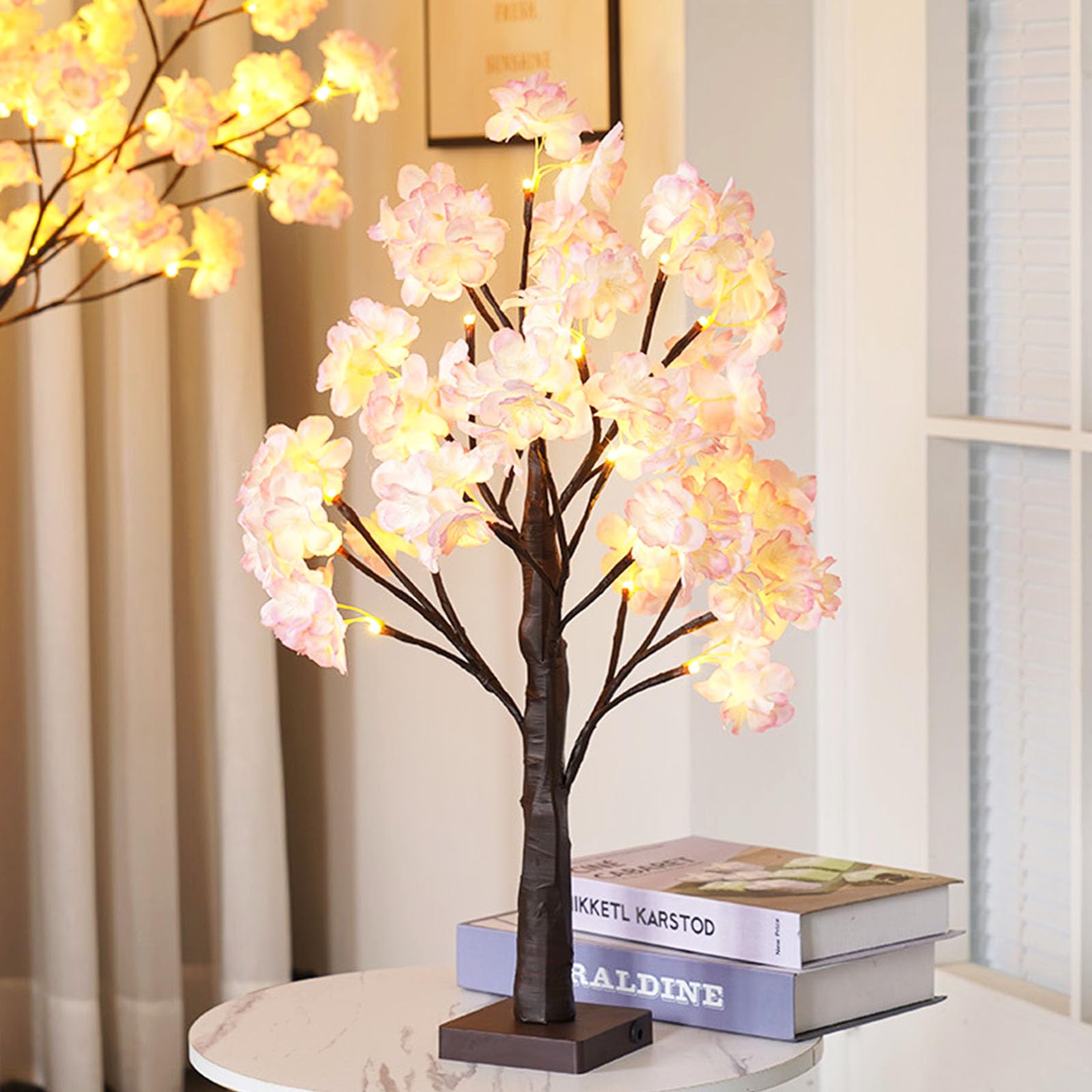 wpdash Pink Cherry Blossom Tree Light LED Festival Decor Lamp Manual Switch USB & Battery Powered Night Light for Work Companion Lighting Vanity Table Decoration and Romantic Date Ambiance