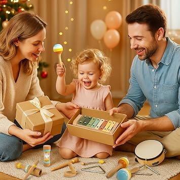 Wooden Musical Instruments Set for Kids, Music Toy with Xylophone, Drum, Maracas, Educational Percussion Set, Birthday Gift for Boys and Girls
