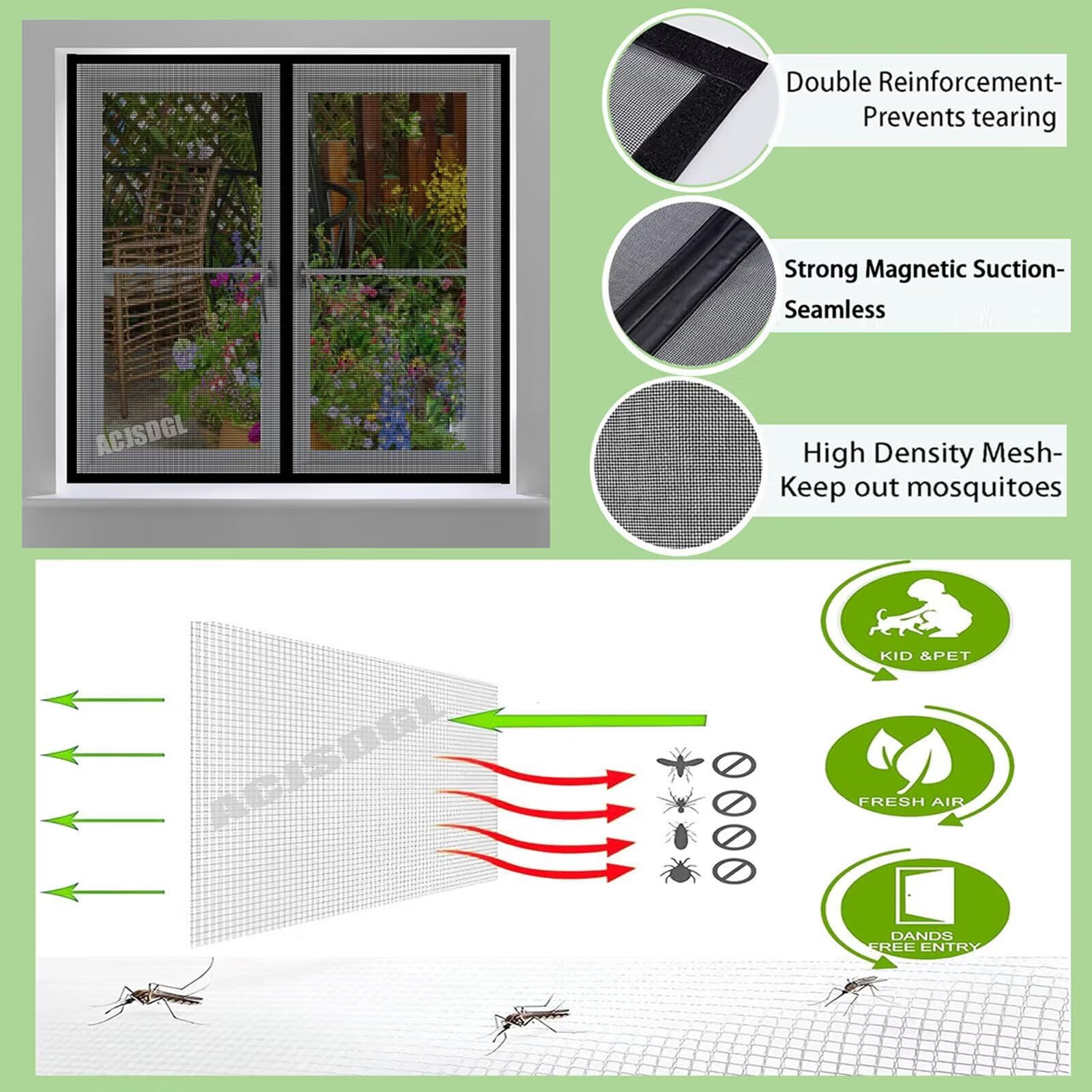 185x190cm Magnet Fliegengitter Fenster,Insektenschutz Fenster Moskitonetz,Klettband Selbstklebend Ohne Bohren für Fenster und Türen,Schwarz